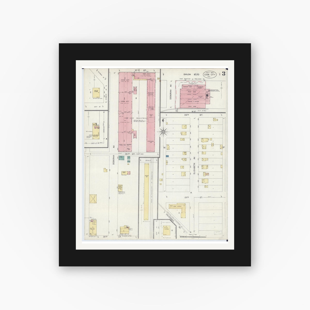 Old map wall art mockup — black gallery frame with white mat — Sanborn Fire Insurance Map from Zion, Lake County, Illinois (1907), Sheet #0003