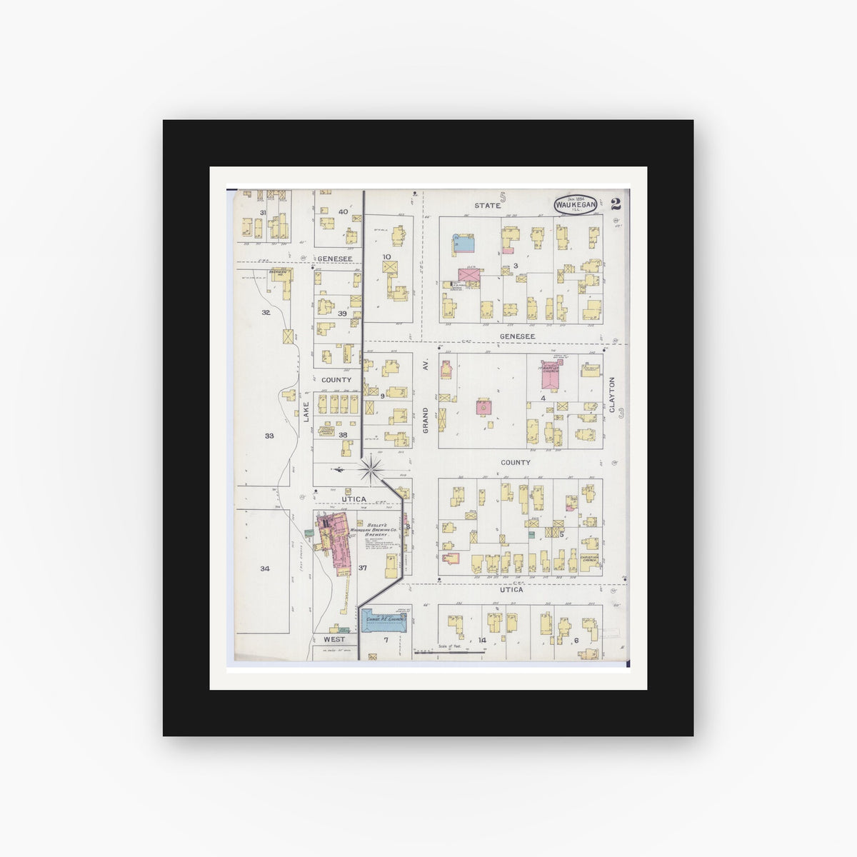 Old map wall art mockup — black gallery frame with white mat — Sanborn Fire Insurance Map from Waukegan, Lake County, Illinois (1894), Sheet #0002