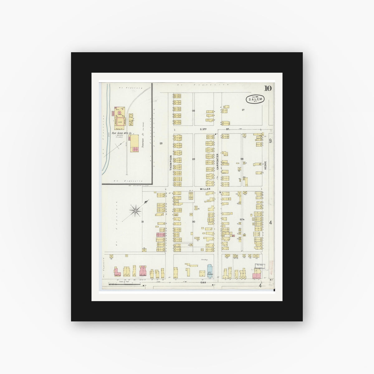 Old map wall art mockup — black gallery frame with white mat — Sanborn Fire Insurance Map from Salem, Salem County, New Jersey (1896), Sheet #0010