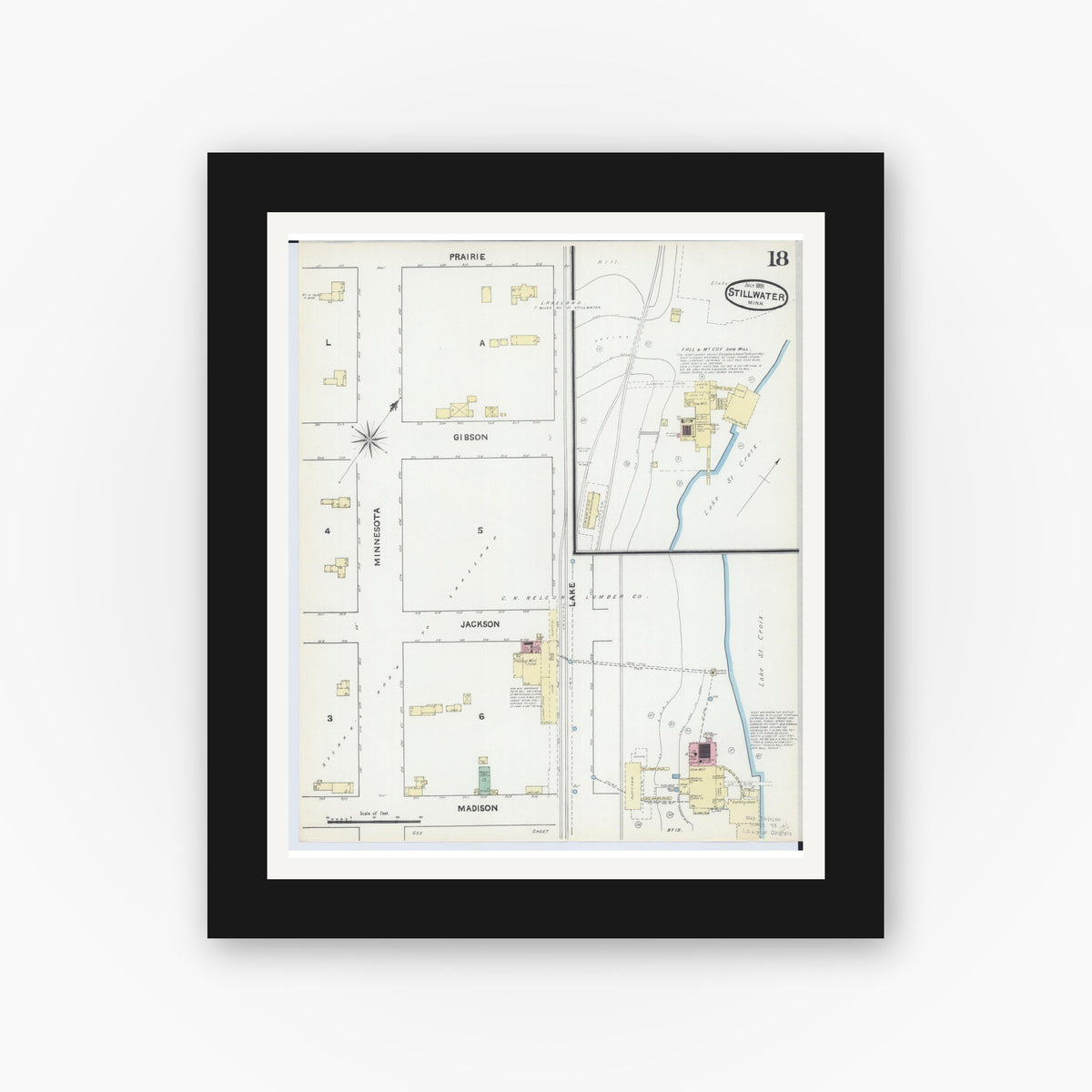 Old map wall art mockup — black gallery frame with white mat — Sanborn Fire Insurance Map from Stillwater, Washington County, Minnesota (1891), Sheet #0018