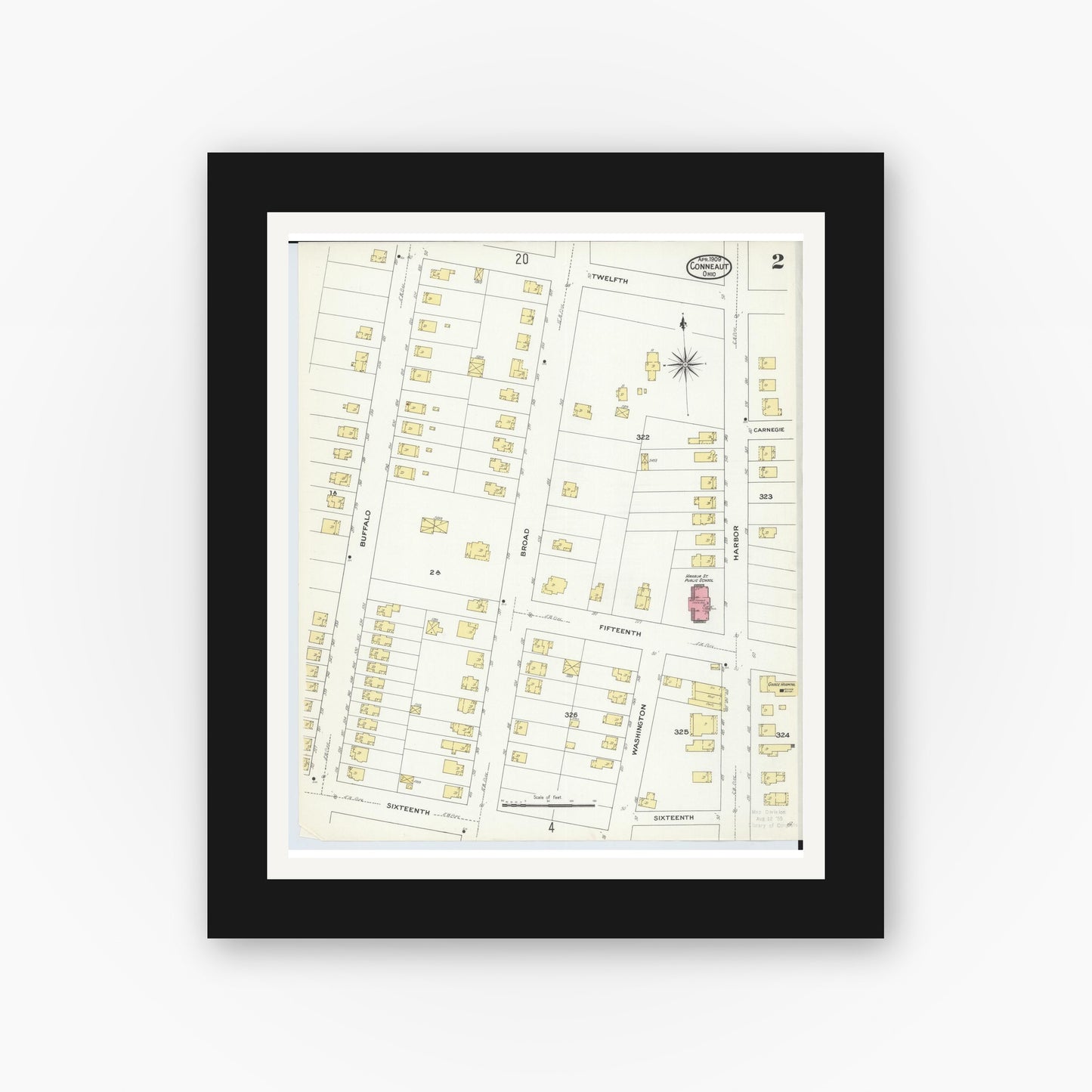 Old map wall art mockup — black gallery frame with white mat — Sanborn Fire Insurance Map from Conneaut, Ashtabula County, Ohio (1909), Sheet #0002
