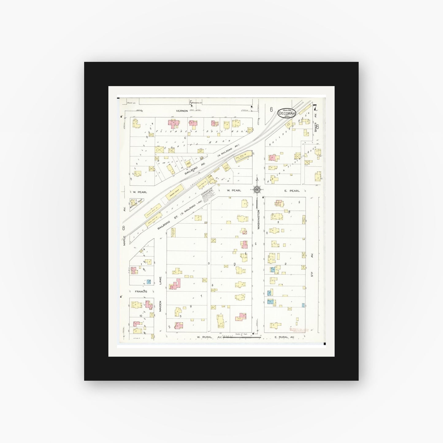 Old map wall art mockup — black gallery frame with white mat — Sanborn Fire Insurance Map from Decorah, Winneshiek County, Iowa (1914), Sheet #0007
