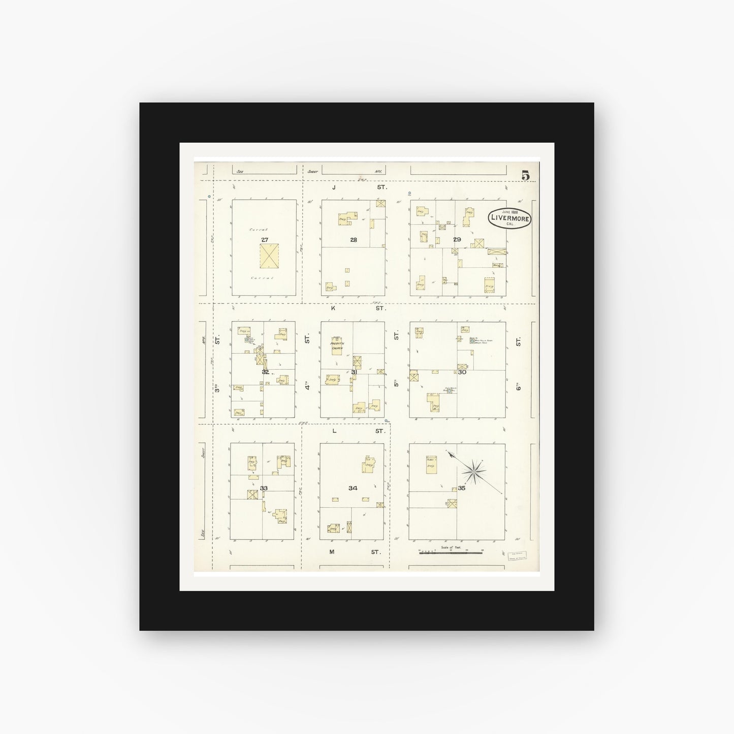 Old map wall art mockup — black gallery frame with white mat — Sanborn Fire Insurance Map from Livermore, Alameda County, California (1888), Sheet #0005