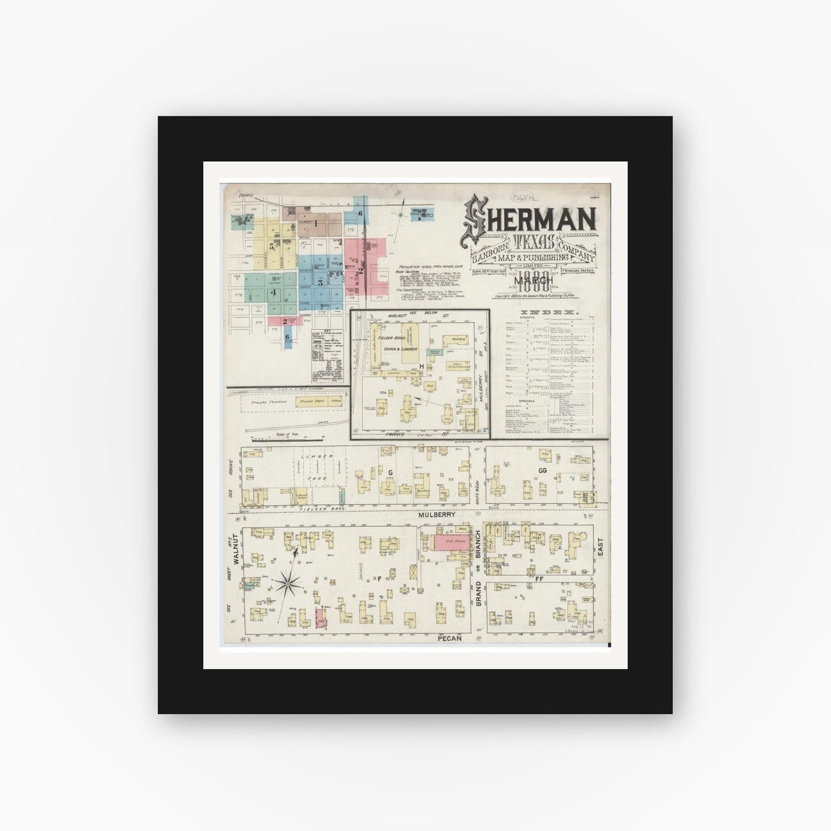 Old map wall art mockup — black gallery frame with white mat — Sanborn Fire Insurance Map from Sherman, Grayson County, Texas (1888), Sheet #0001
