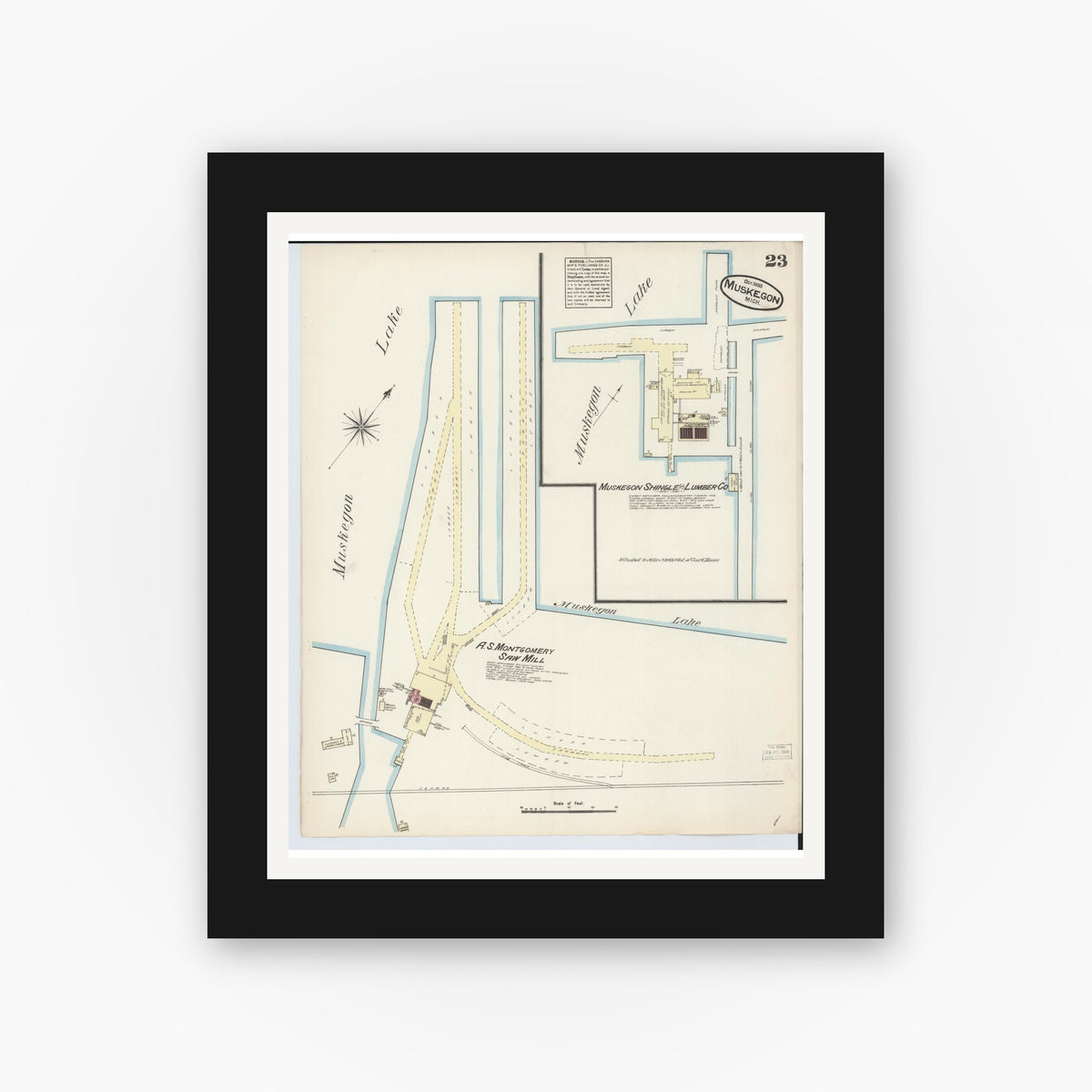 Old map wall art mockup — black gallery frame with white mat — Sanborn Fire Insurance Map from Muskegon, Muskegon County, Michigan (1883), Sheet #0023