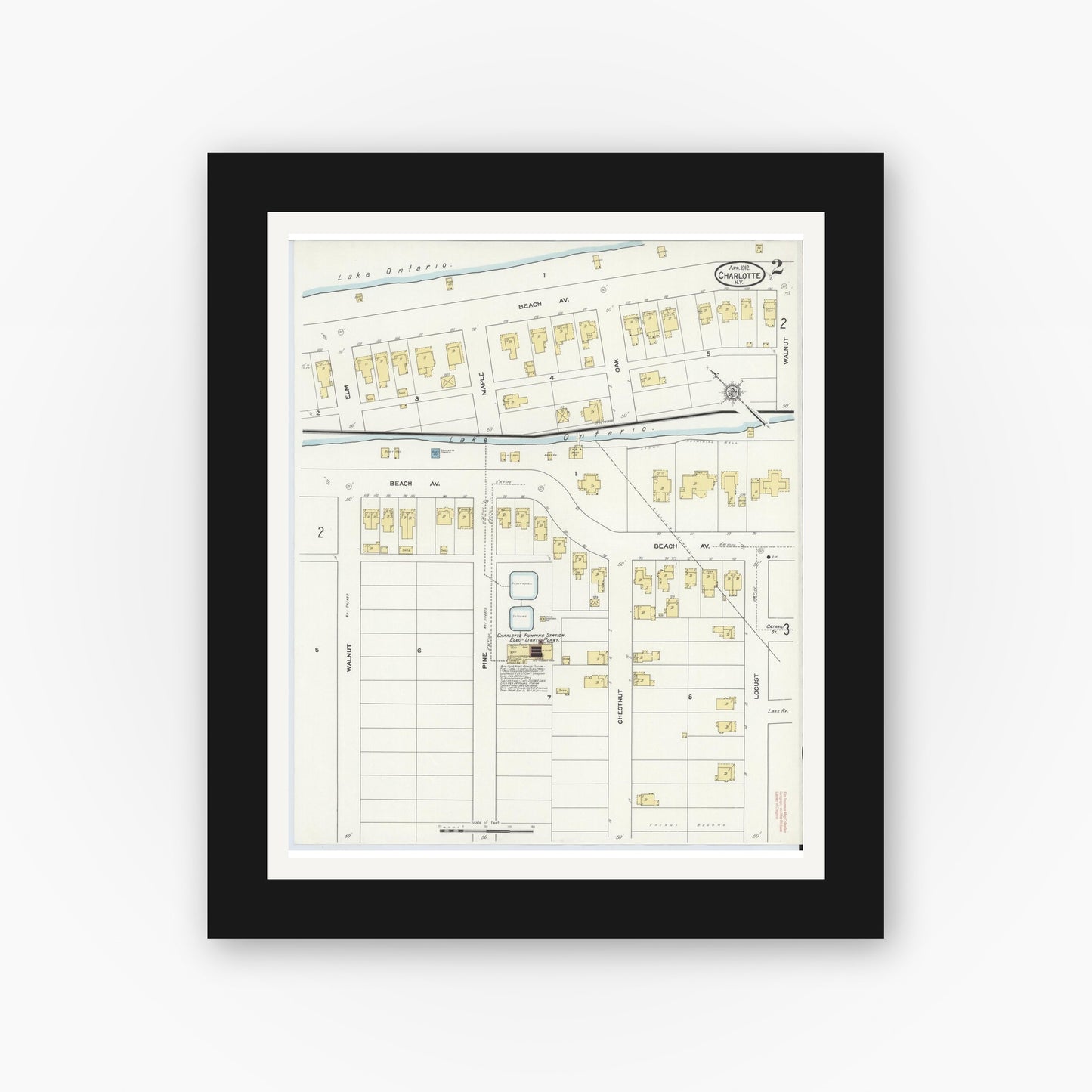 Old map wall art mockup — black gallery frame with white mat — Sanborn Fire Insurance Map from Charlotte, Monroe County, New York (1912) - Complete Map Set