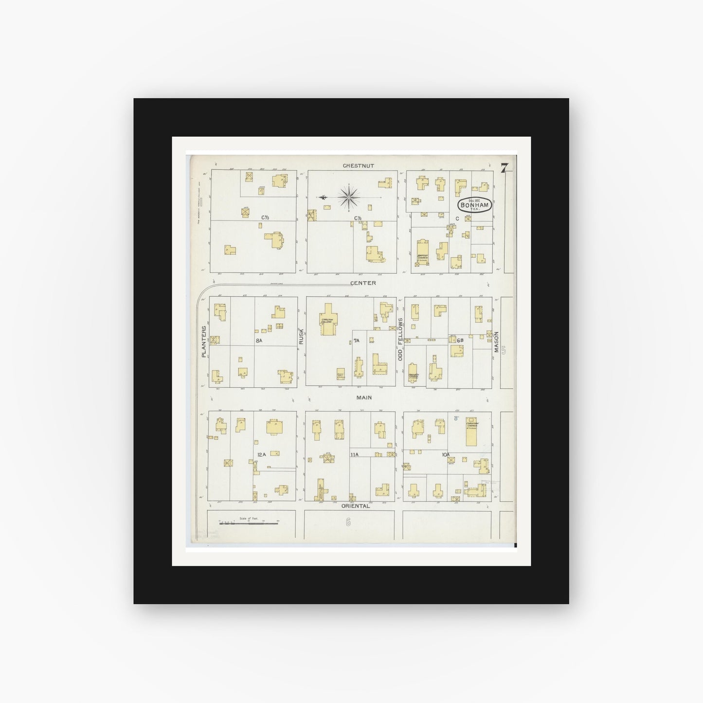 Old map wall art mockup — black gallery frame with white mat — Sanborn Fire Insurance Map from Bonham, Fannin County, Texas (1892), Sheet #0007