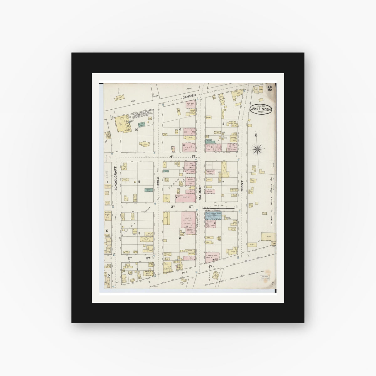 Old map wall art mockup — black gallery frame with white mat — Sanborn Fire Insurance Map from Lake Linden, Houghton County, Michigan (1888), Sheet #0002