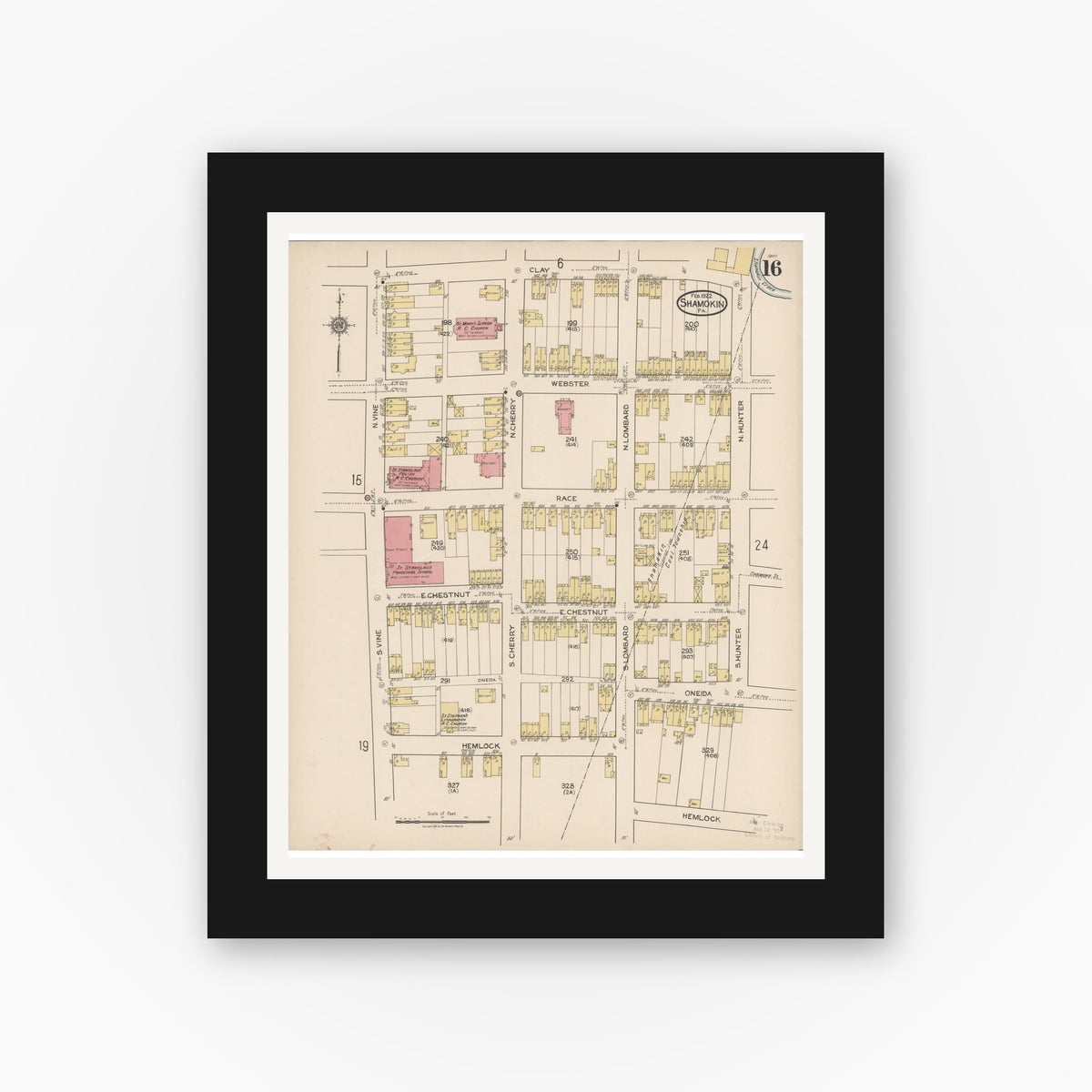 Old map wall art mockup — black gallery frame with white mat — Sanborn Fire Insurance Map from Shamokin, Northumberland County, Pennsylvania (1922), Sheet #0016