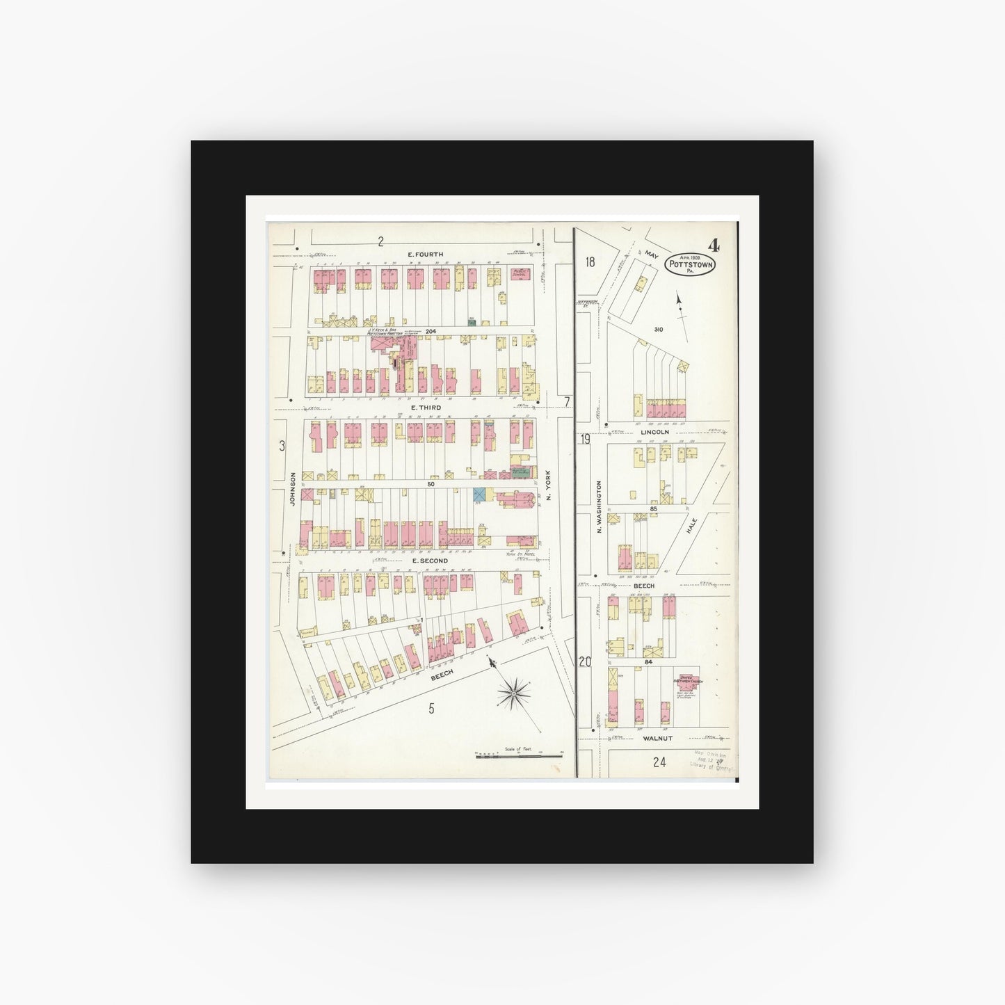 Old map wall art mockup — black gallery frame with white mat — Sanborn Fire Insurance Map from Pottstown, Montgomery County, Pennsylvania (1909), Sheet #0004