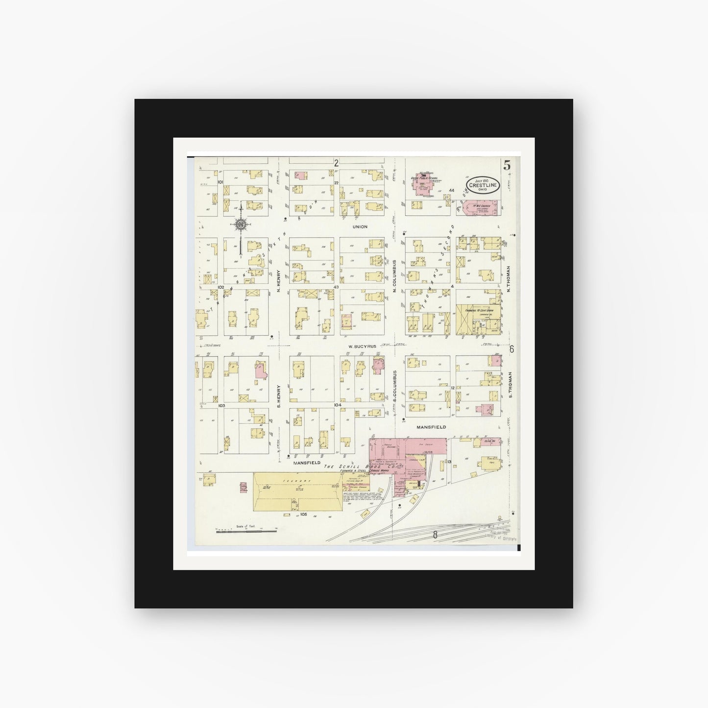 Old map wall art mockup — black gallery frame with white mat — Sanborn Fire Insurance Map from Crestline, Crawford County, Ohio (1910), Sheet #0005