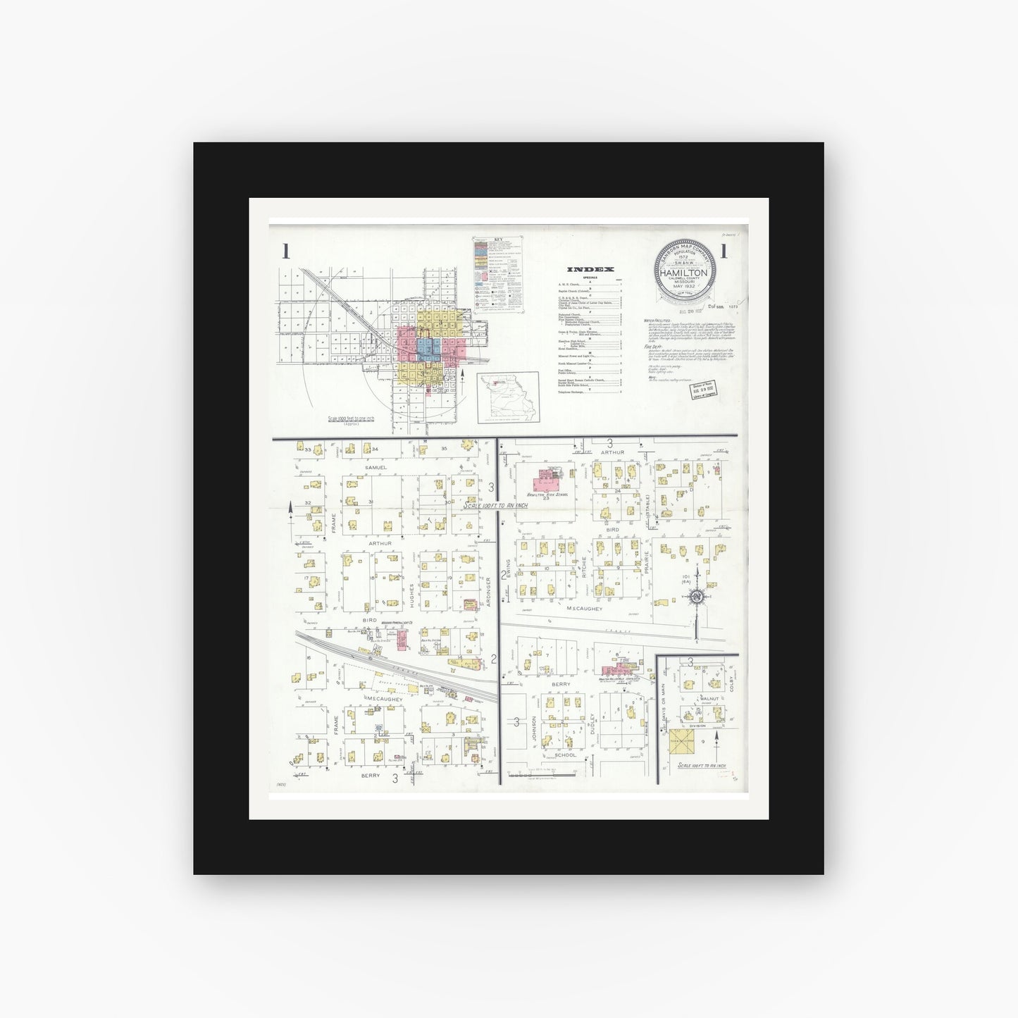 Old map wall art mockup — black gallery frame with white mat — Sanborn Fire Insurance Map from Hamilton, Caldwell County, Missouri (1932) - Complete Map Set