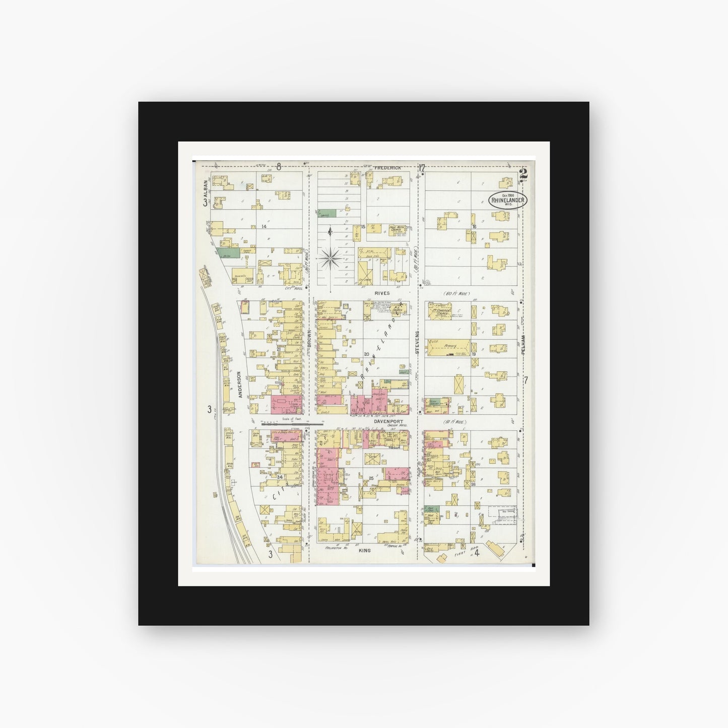 Old map wall art mockup — black gallery frame with white mat — Sanborn Fire Insurance Map from Rhinelander, Oneida County, Wisconsin (1900), Sheet #0002