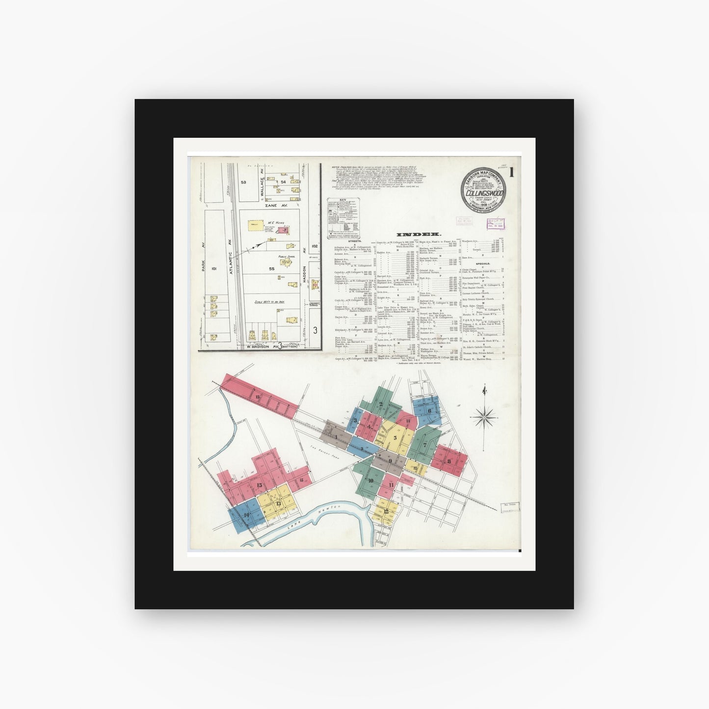 Old map wall art mockup — black gallery frame with white mat — Sanborn Fire Insurance Map from Collingswood, Camden County, New Jersey (1909) - Complete Map Set