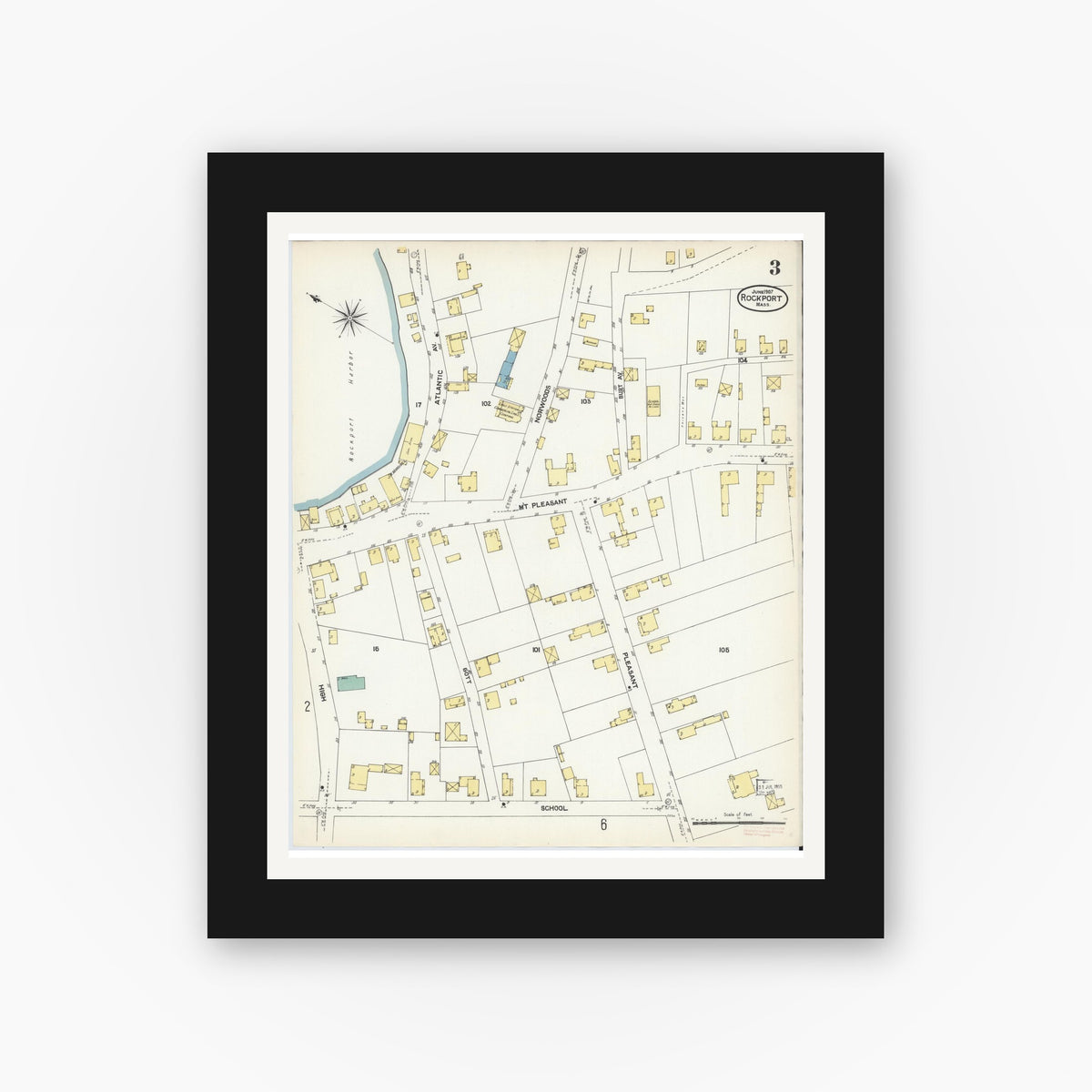 Old map wall art mockup — black gallery frame with white mat — Sanborn Fire Insurance Map from Rockport, Essex County, Massachusetts (1907), Sheet #0003