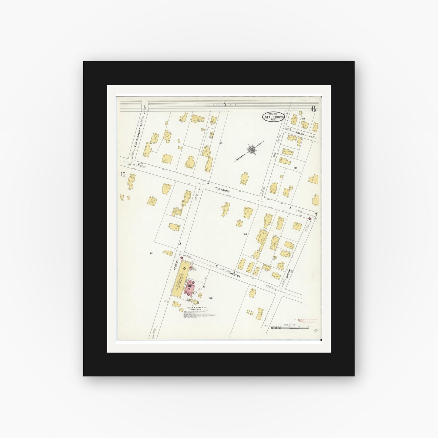 Old map wall art mockup — black gallery frame with white mat — Sanborn Fire Insurance Map from Attleboro, Bristol County, Massachusetts (1911), Sheet #0006