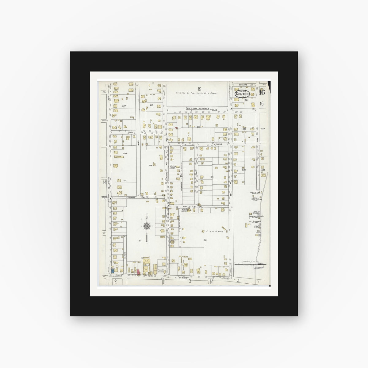 Old map wall art mockup — black gallery frame with white mat — Sanborn Fire Insurance Map from Denton, Denton County, Texas (1921), Sheet #0016