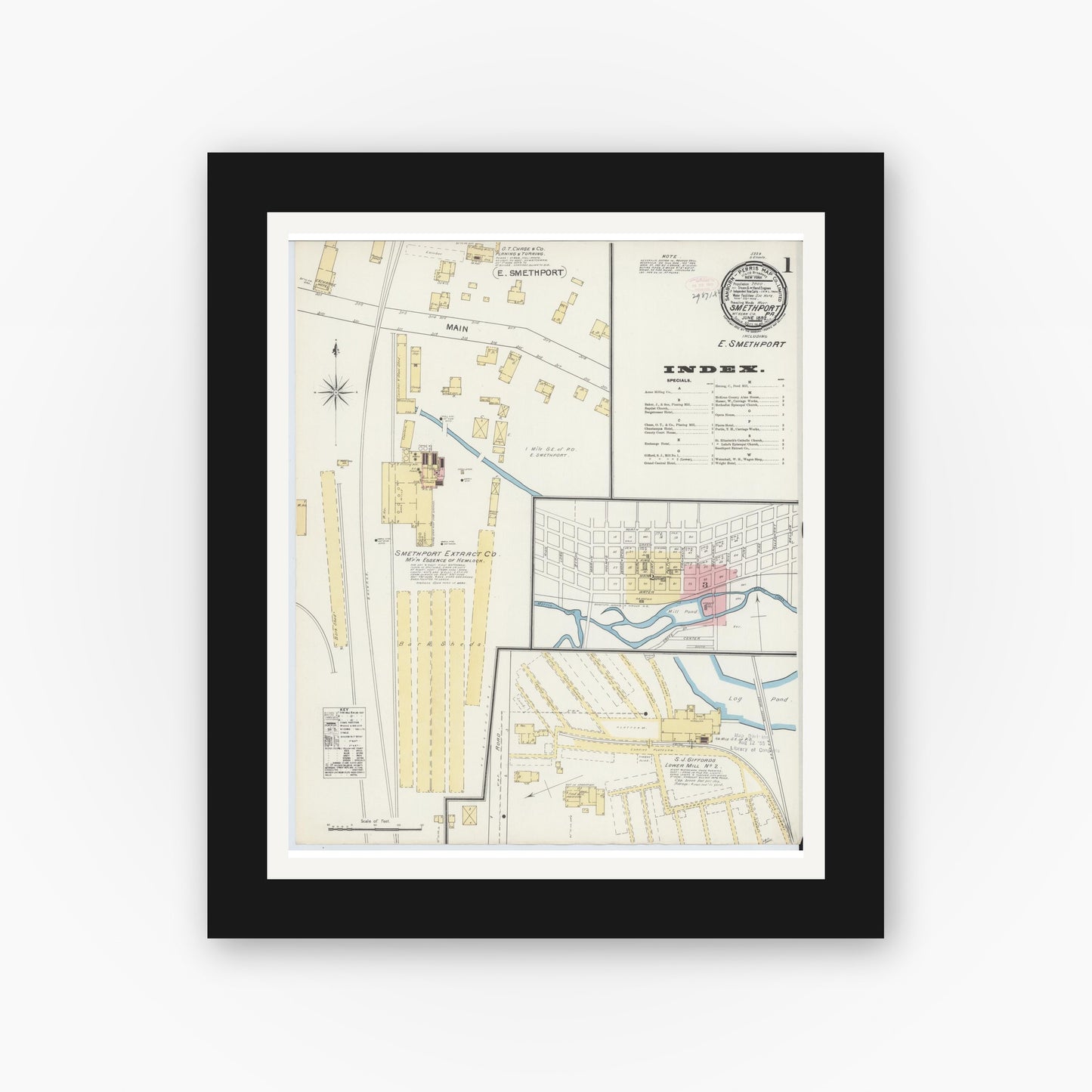 Old map wall art mockup — black gallery frame with white mat — Sanborn Fire Insurance Map from Smethport, McKean County, Pennsylvania (1892) - Complete Map Set