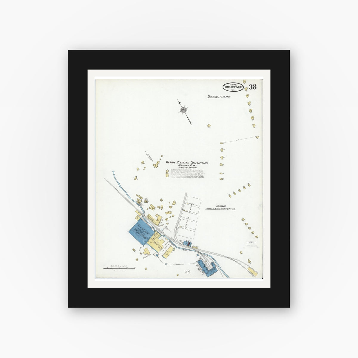 Old map wall art mockup — black gallery frame with white mat — Sanborn Fire Insurance Map from Charlottesville, Independent Cities, Virginia (1920), Sheet #0038