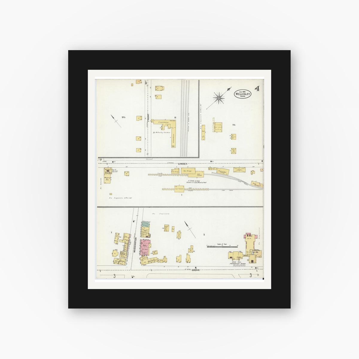 Old map wall art mockup — black gallery frame with white mat — Sanborn Fire Insurance Map from Wellesley, Norfolk County, Massachusetts (1906), Sheet #0004