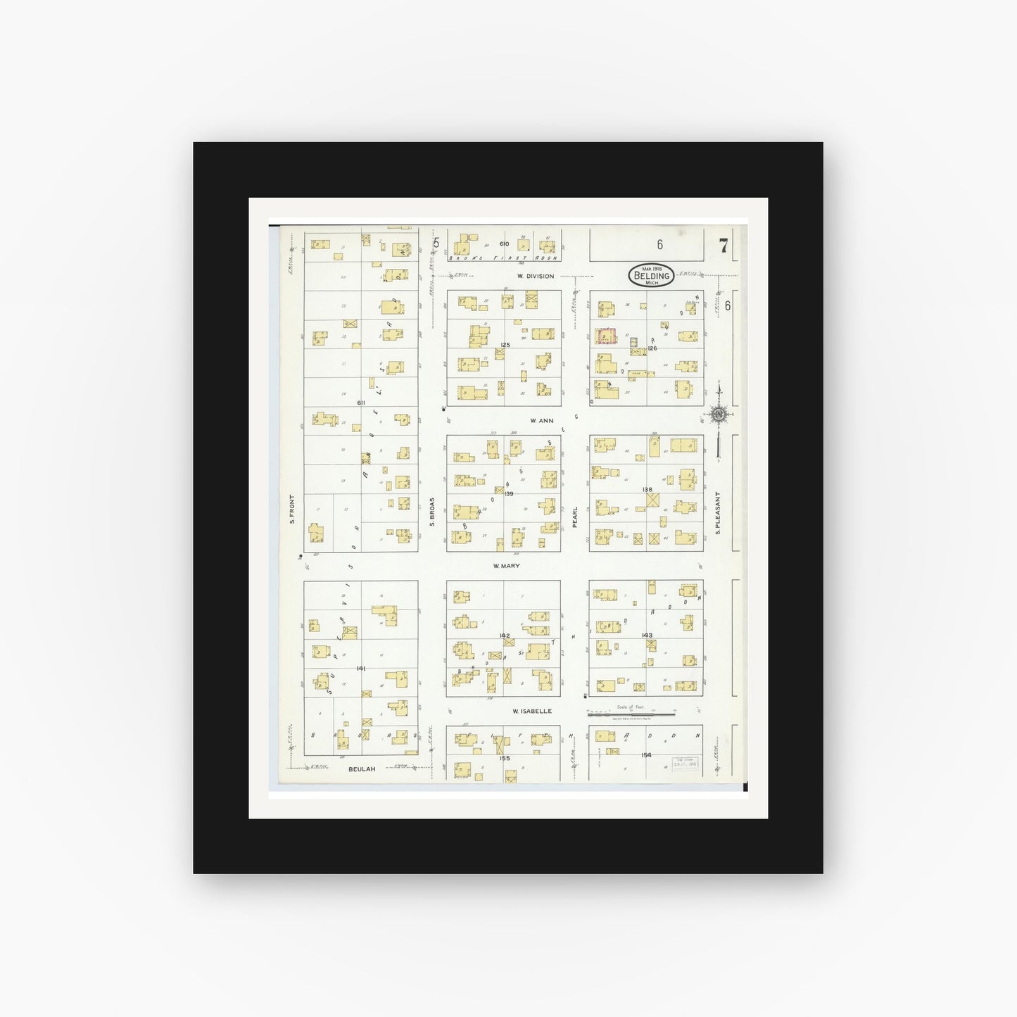 Old map wall art mockup — black gallery frame with white mat — Sanborn Fire Insurance Map from Belding, Ionia County, Michigan (1918), Sheet #0007