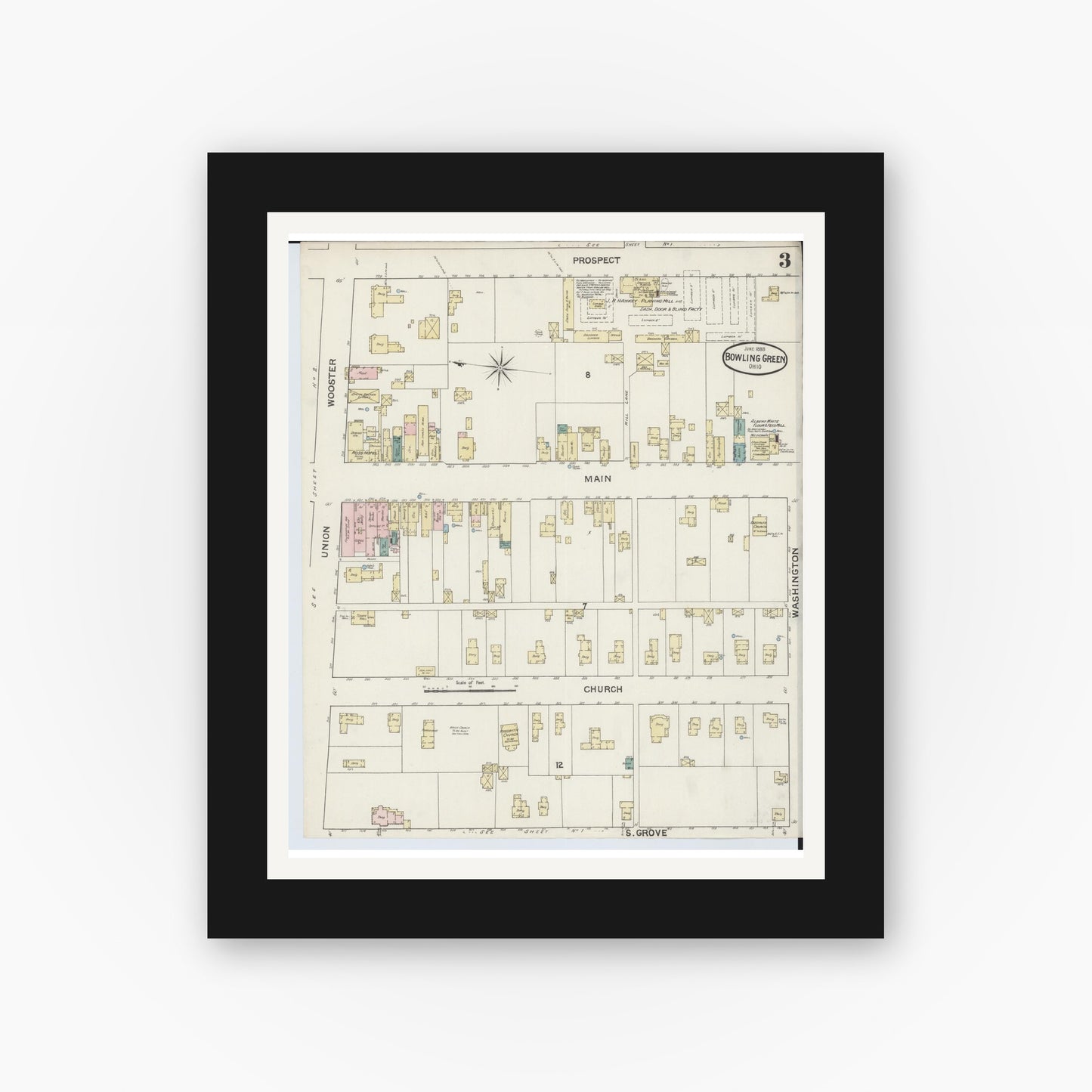Old map wall art mockup — black gallery frame with white mat — Sanborn Fire Insurance Map from Bowling Green, Wood County, Ohio (1888), Sheet #0003