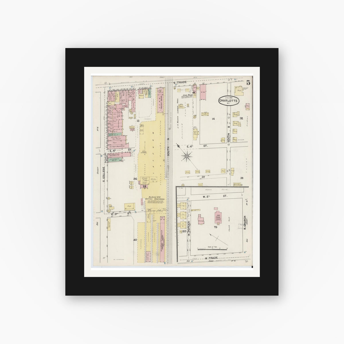 Old map wall art mockup — black gallery frame with white mat — Sanborn Fire Insurance Map from Charlotte, Mecklenburg County, North Carolina (1890), Sheet #0005