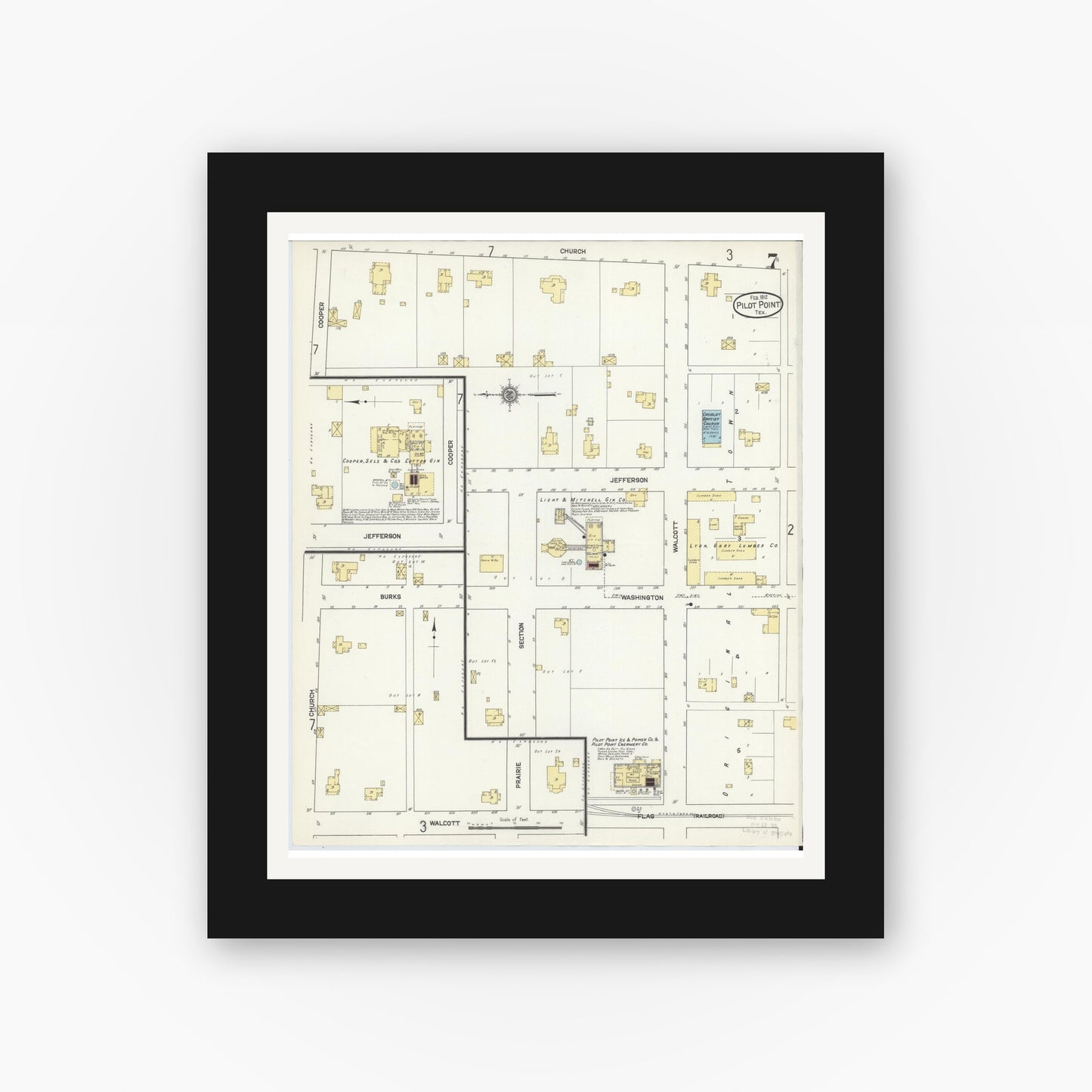 Old map wall art mockup — black gallery frame with white mat — Sanborn Fire Insurance Map from Pilot Point, Denton County, Texas (1912), Sheet #0007