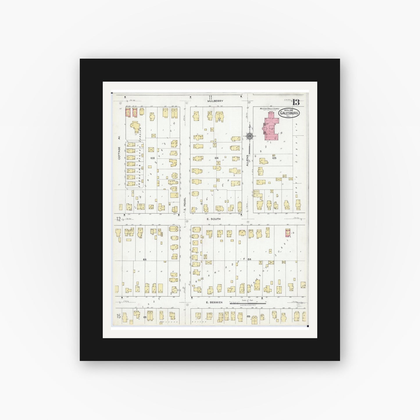 Old map wall art mockup — black gallery frame with white mat — Sanborn Fire Insurance Map from Galesburg, Knox County, Illinois (1918), Sheet #0013