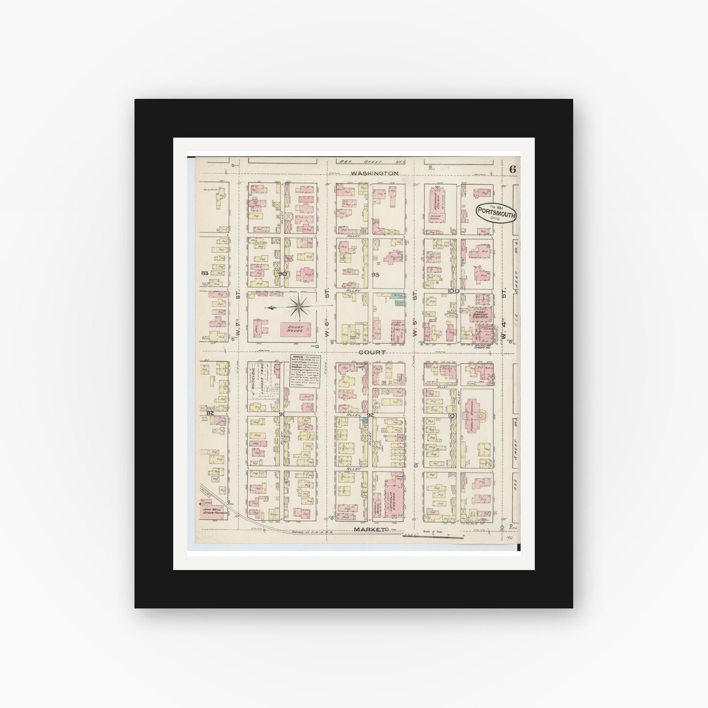 Old map wall art mockup — black gallery frame with white mat — Sanborn Fire Insurance Map from Portsmouth, Scioto County, Ohio (1884), Sheet #0006