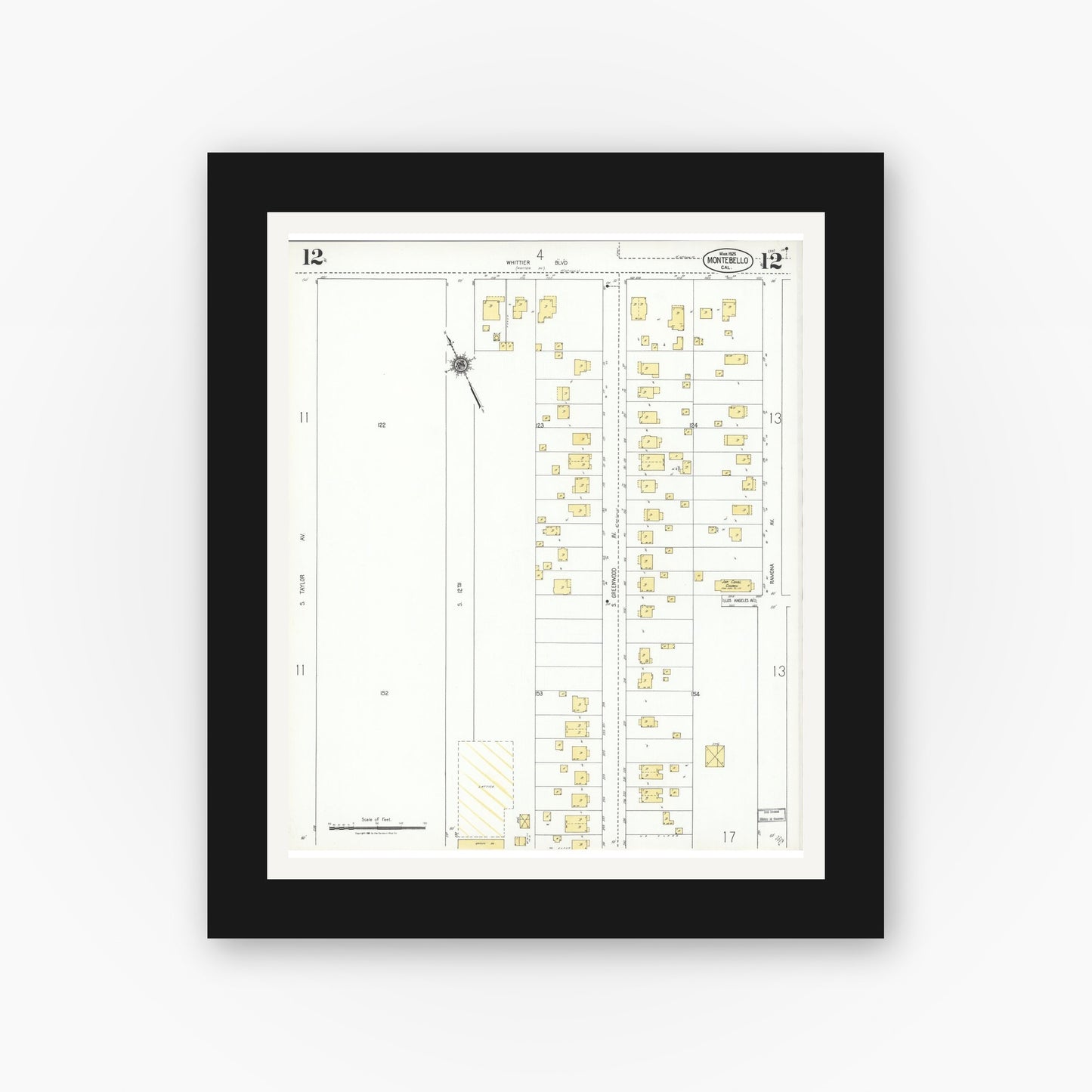 Old map wall art mockup — black gallery frame with white mat — Sanborn Fire Insurance Map from Montebello, Los Angeles County, California (1925), Sheet #0012