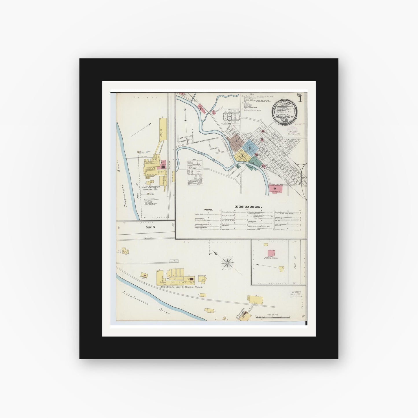 Old map wall art mockup — black gallery frame with white mat — Sanborn Fire Insurance Map from Midland, Midland County, Michigan (1893) - Complete Map Set