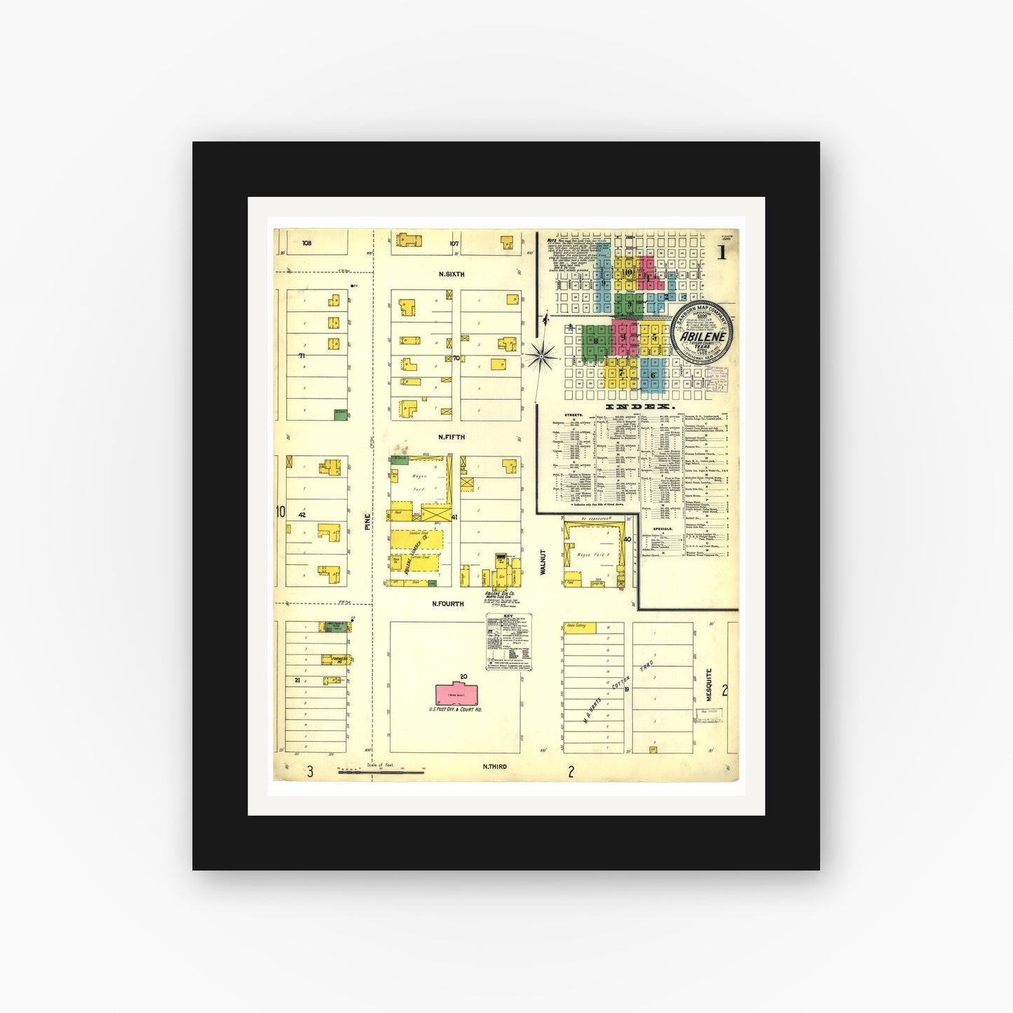 Old map wall art mockup — black gallery frame with white mat — Sanborn Fire Insurance Map from Abilene, Taylor County, Texas (1902), Sheet #0001