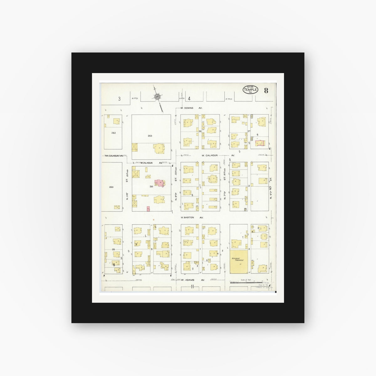 Old map wall art mockup — black gallery frame with white mat — Sanborn Fire Insurance Map from Temple, Bell County, Texas (1915), Sheet #0008