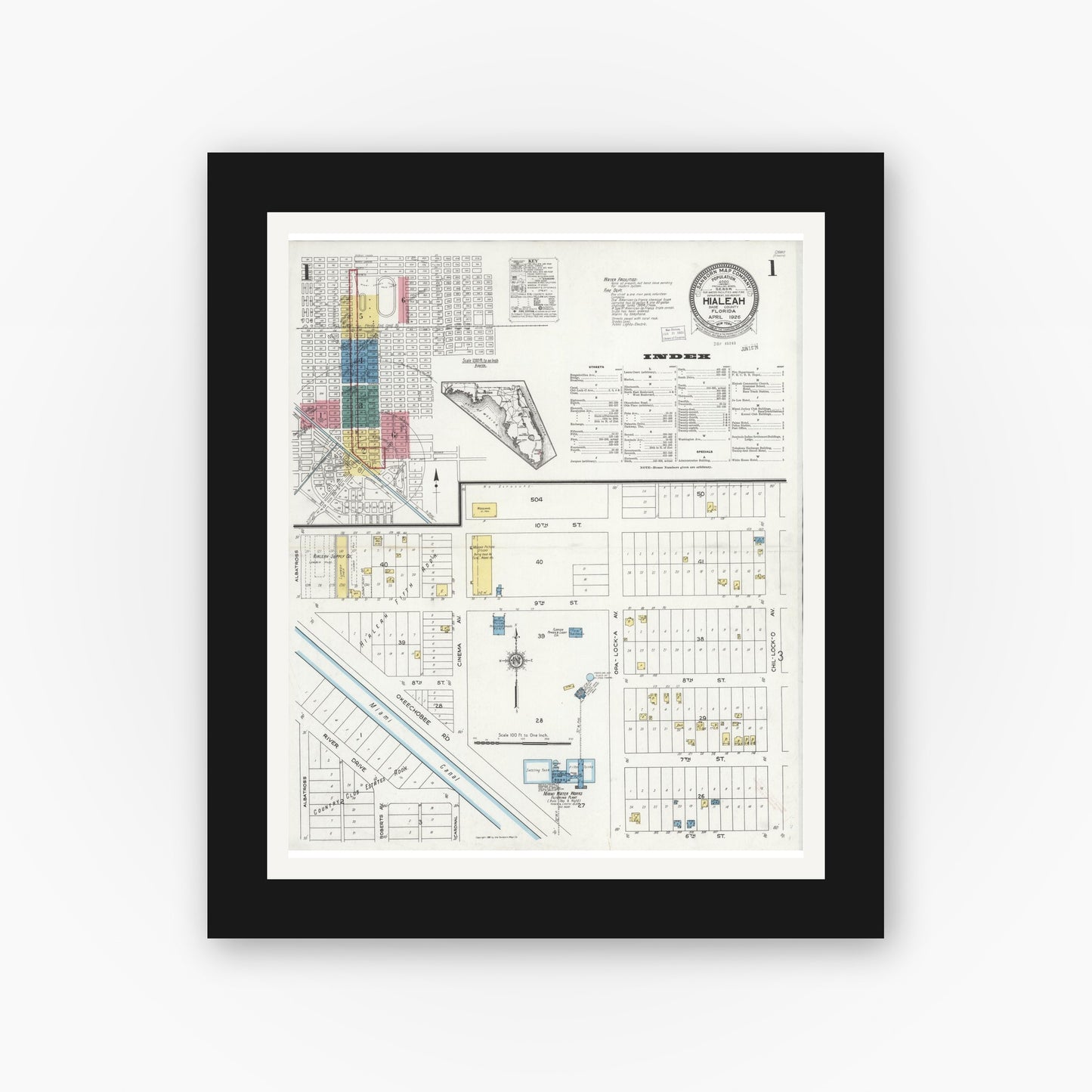Old map wall art mockup — black gallery frame with white mat — Sanborn Fire Insurance Map from Hialeah, Dade County, Florida (1926) - Complete Map Set