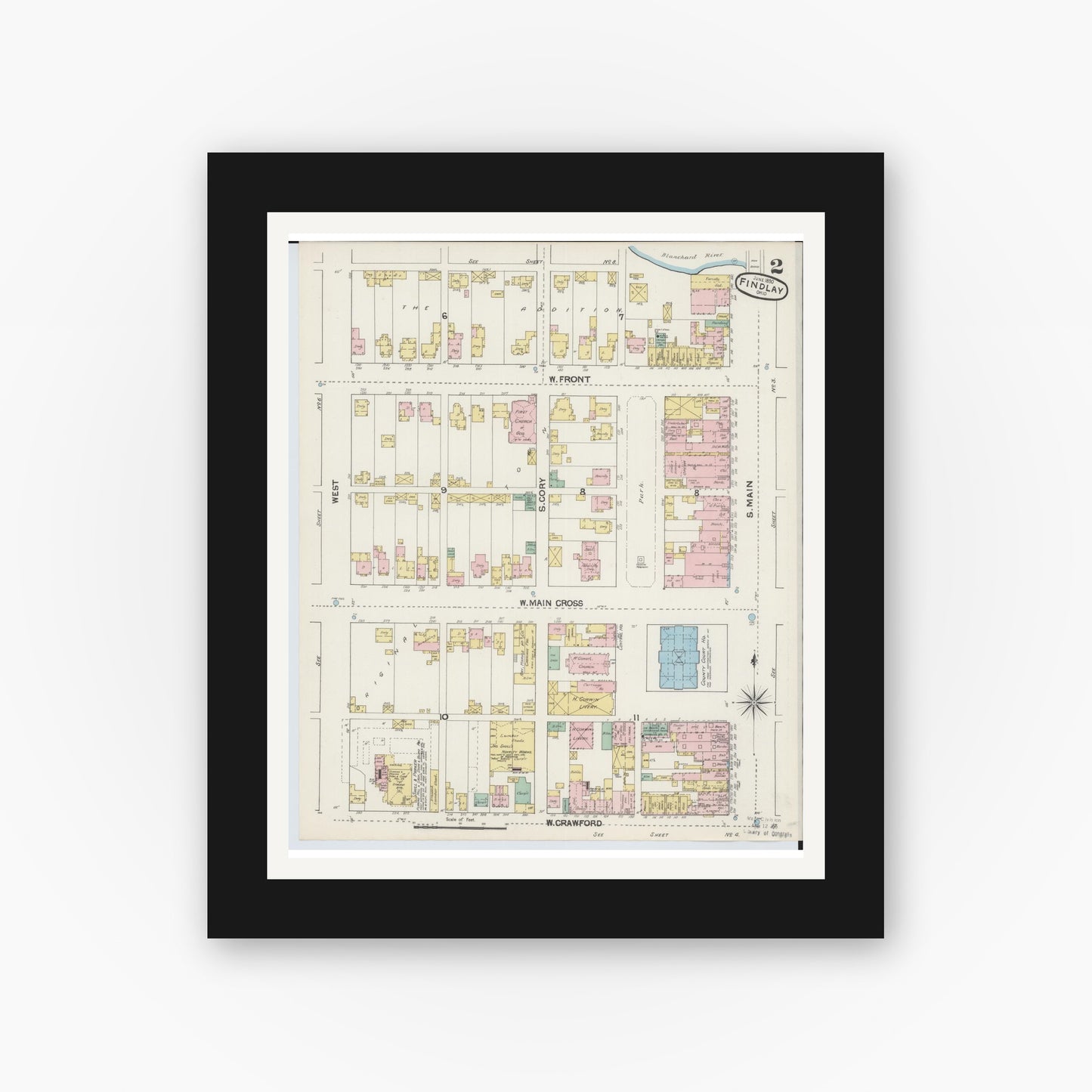 Old map wall art mockup — black gallery frame with white mat — Sanborn Fire Insurance Map from Findlay, Hancock County, Ohio (1890), Sheet #0002