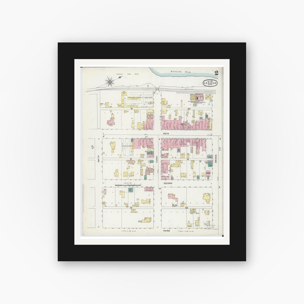 Old map wall art mockup — black gallery frame with white mat — Sanborn Fire Insurance Map from Le Sueur, Le Sueur County, Minnesota (1896), Sheet #0002