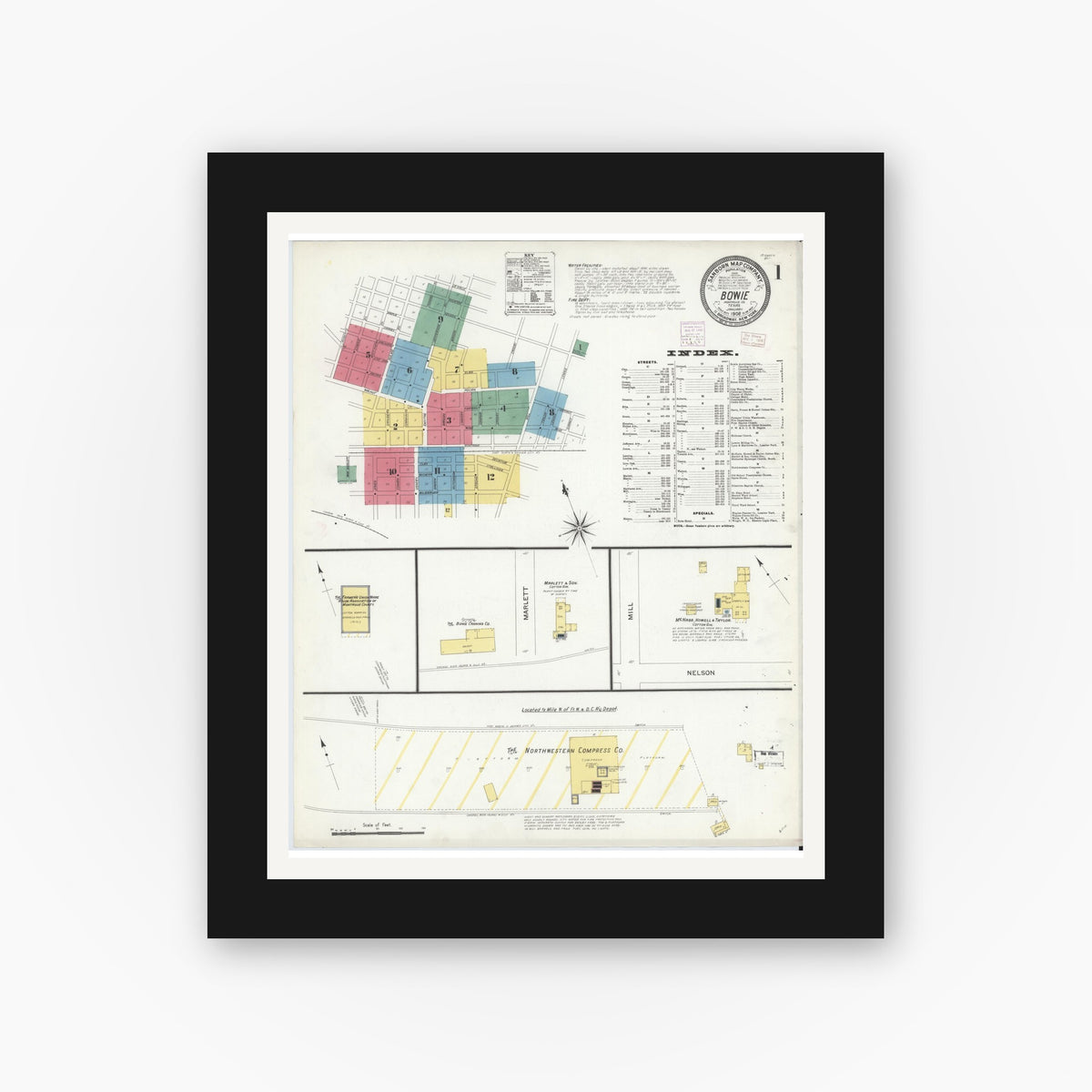 Old map wall art mockup — black gallery frame with white mat — Sanborn Fire Insurance Map from Bowie, Montague County, Texas (1908) - Complete Map Set