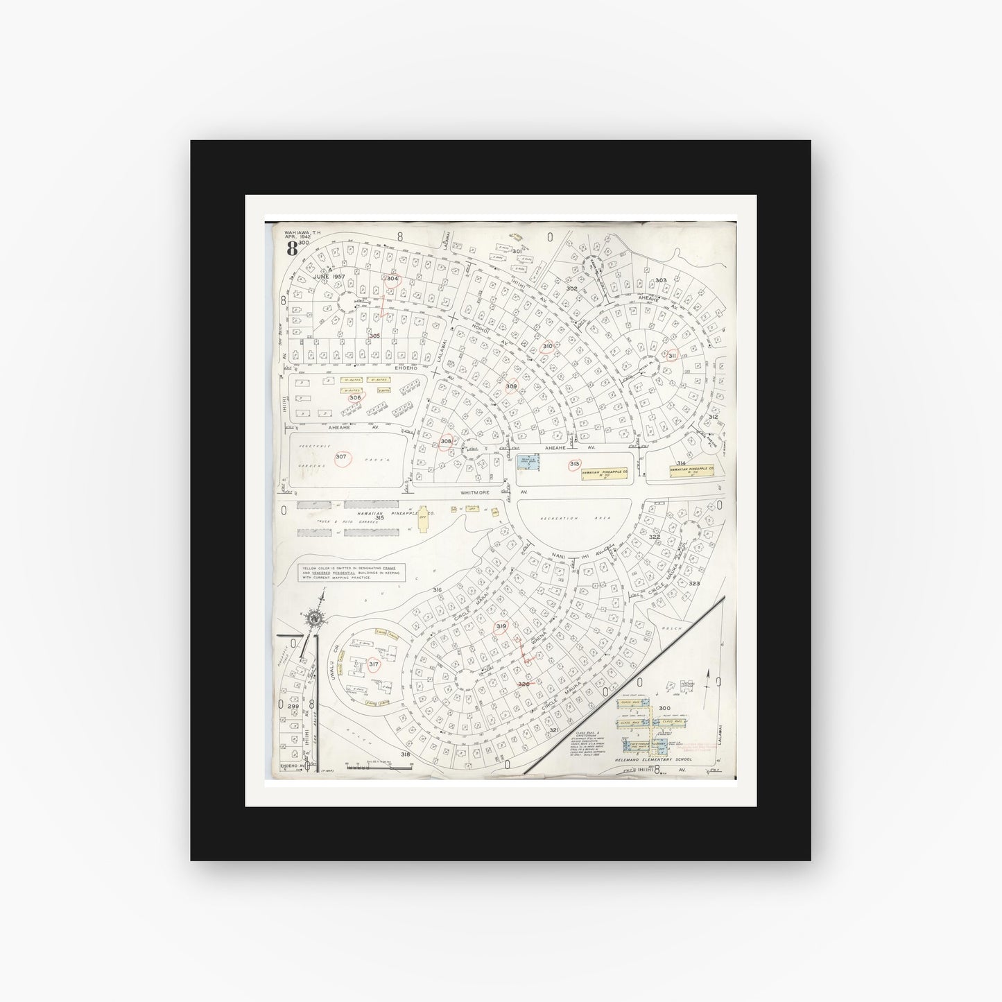 Old map wall art mockup — black gallery frame with white mat — Sanborn Fire Insurance Map from Wahiawa, Honolulu County, Hawaii (1957), Sheet #0008