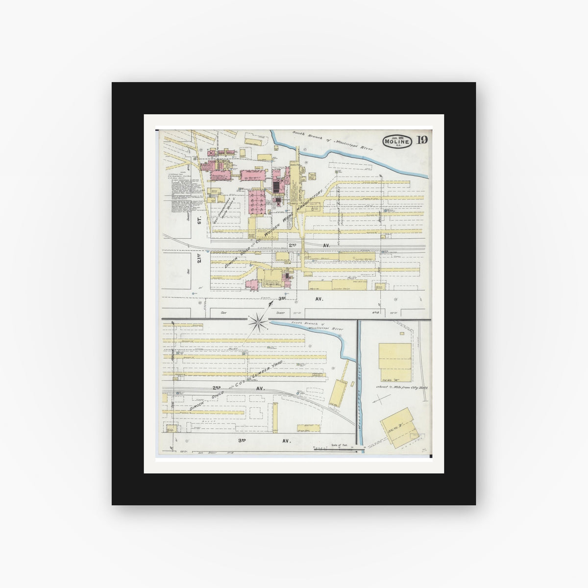 Old map wall art mockup — black gallery frame with white mat — Sanborn Fire Insurance Map from Moline, Rock Island County, Illinois (1892), Sheet #0019