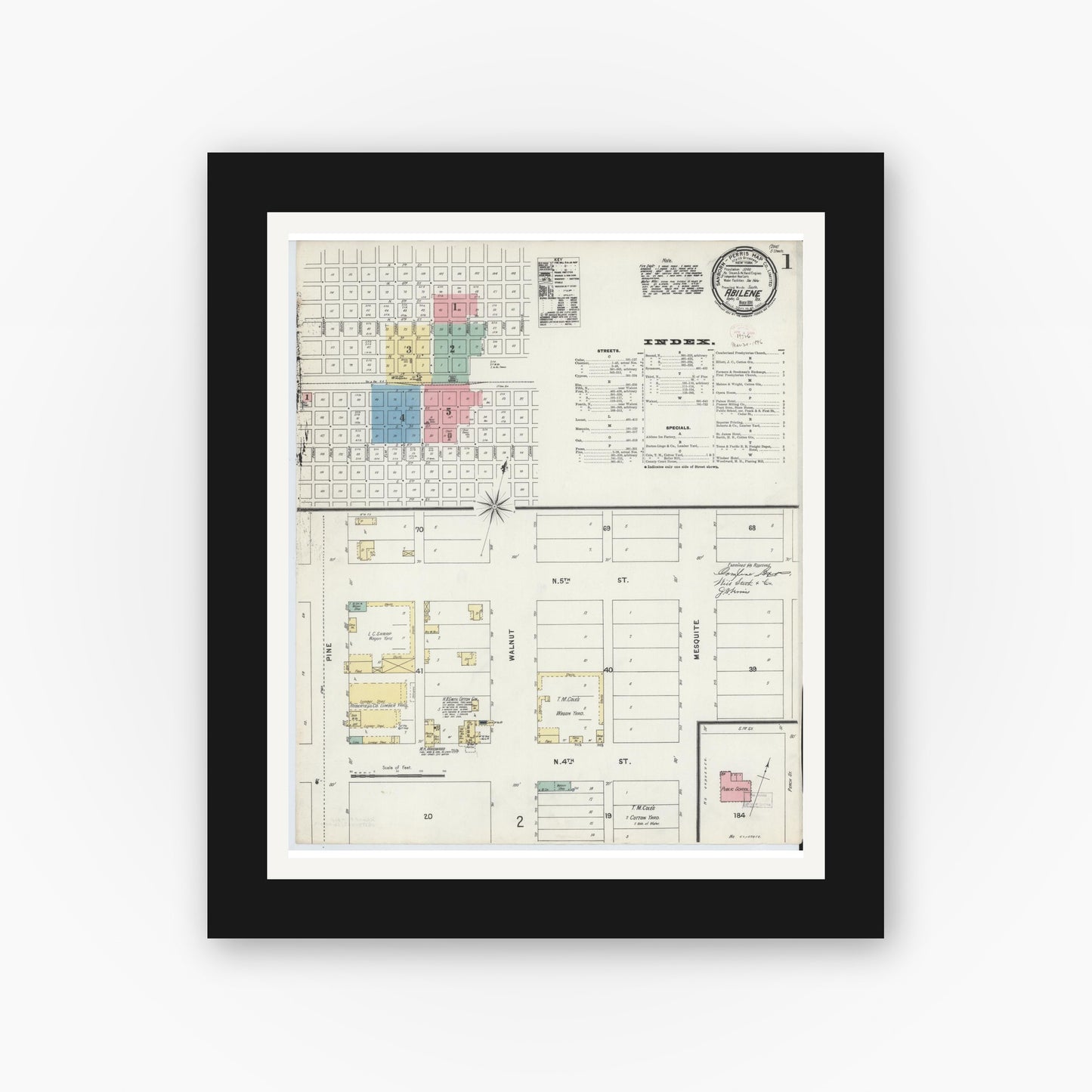 Old map wall art mockup — black gallery frame with white mat — Sanborn Fire Insurance Map from Abilene, Taylor County, Texas (1896), Sheet #0001