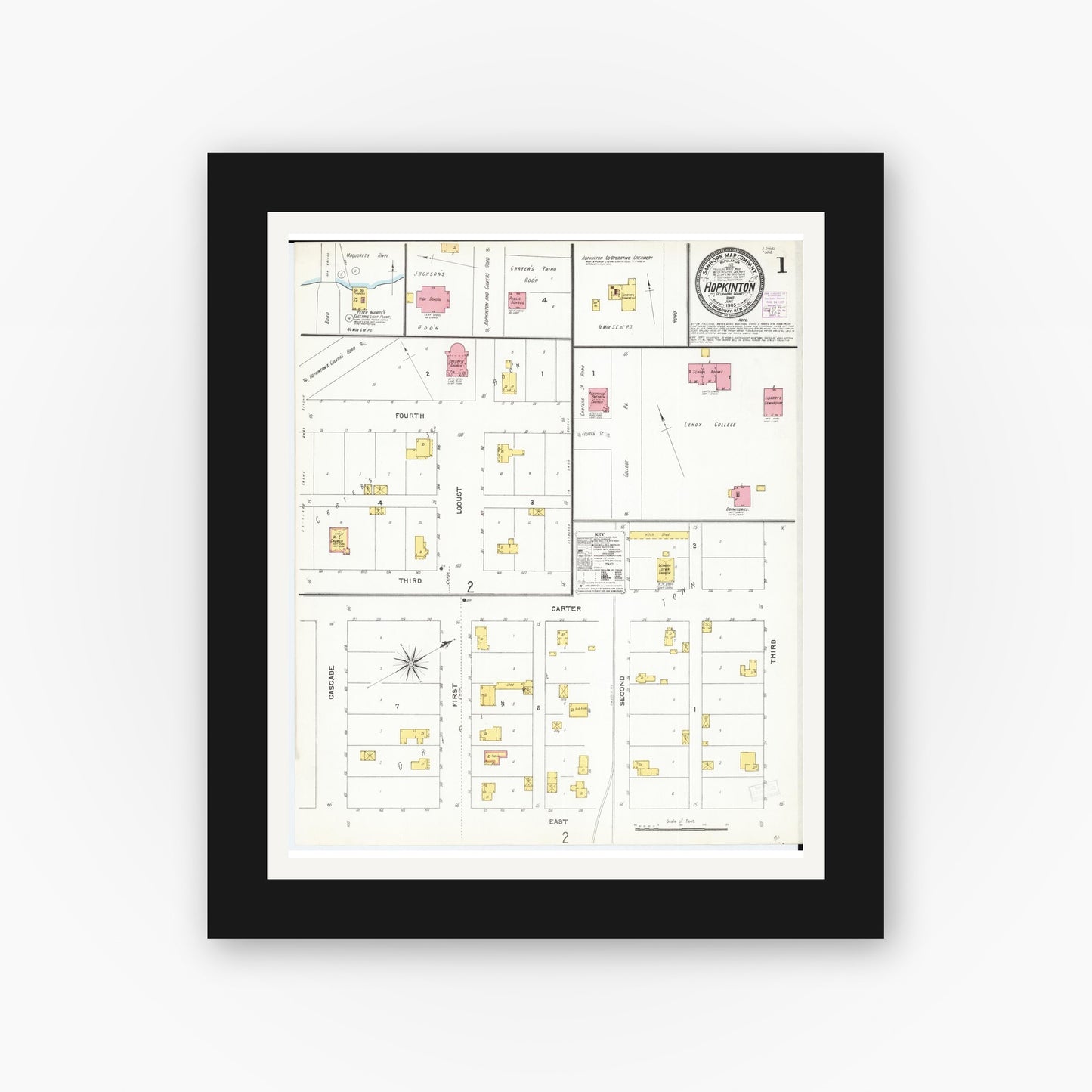 Old map wall art mockup β black gallery frame with white mat β Sanborn Fire Insurance Map from Hopkinton, Delaware County, Iowa (1905), Sheet #0001