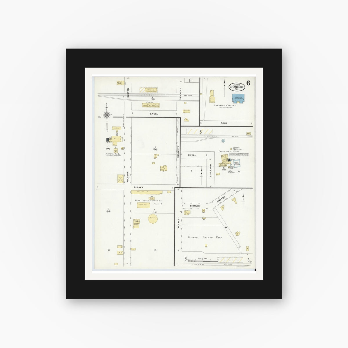 Old map wall art mockup — black gallery frame with white mat — Sanborn Fire Insurance Map from Granbury, Hood County, Texas (1910), Sheet #0006