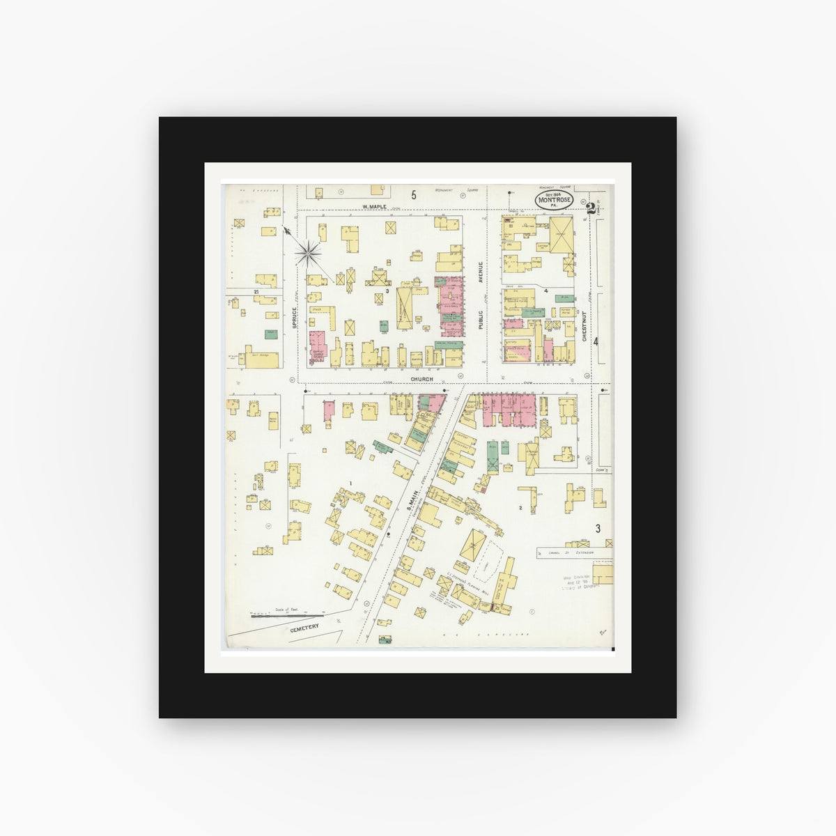 Old map wall art mockup — black gallery frame with white mat — Sanborn Fire Insurance Map from Montrose, Susquehanna County, Pennsylvania (1904), Sheet #0002