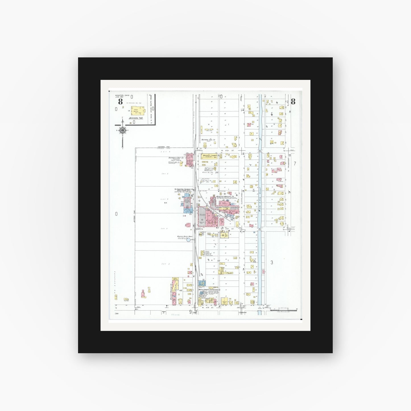 Old map wall art mockup — black gallery frame with white mat — Sanborn Fire Insurance Map from Minster, Auglaize County, Ohio (1951), Sheet #0008