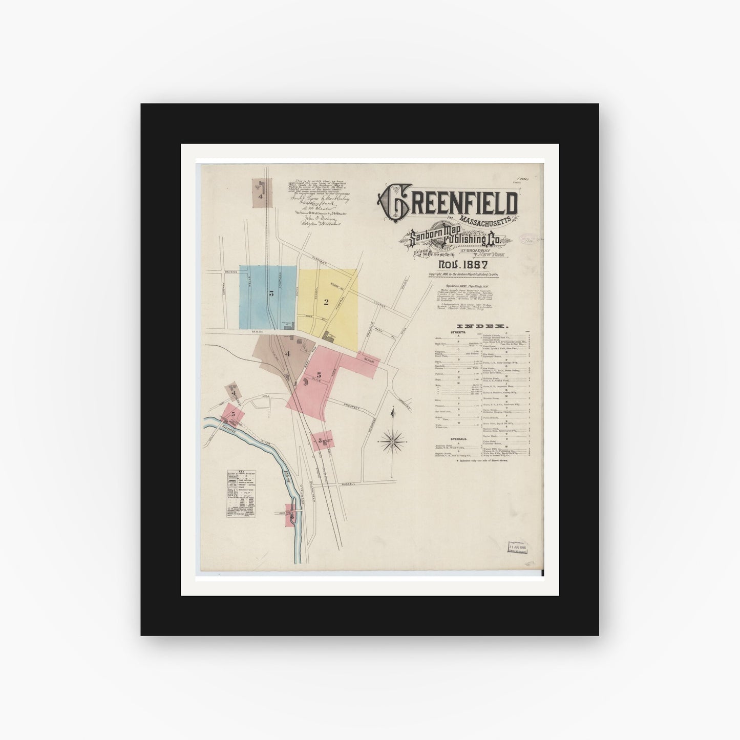 Old map wall art mockup — black gallery frame with white mat — Sanborn Fire Insurance Map from Greenfield, Franklin County, Massachusetts (1887) - Complete Map Set