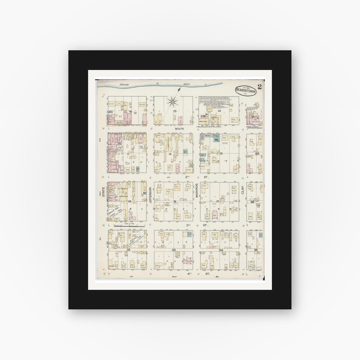 Old map wall art mockup — black gallery frame with white mat — Sanborn Fire Insurance Map from Beardstown, Cass County, Illinois (1887), Sheet #0002
