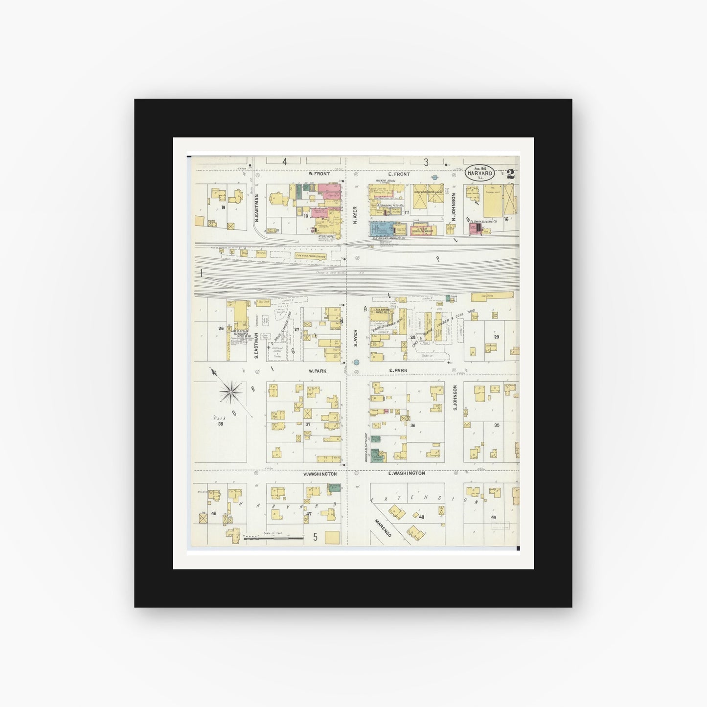 Old map wall art mockup — black gallery frame with white mat — Sanborn Fire Insurance Map from Harvard, McHenry County, Illinois (1902), Sheet #0002