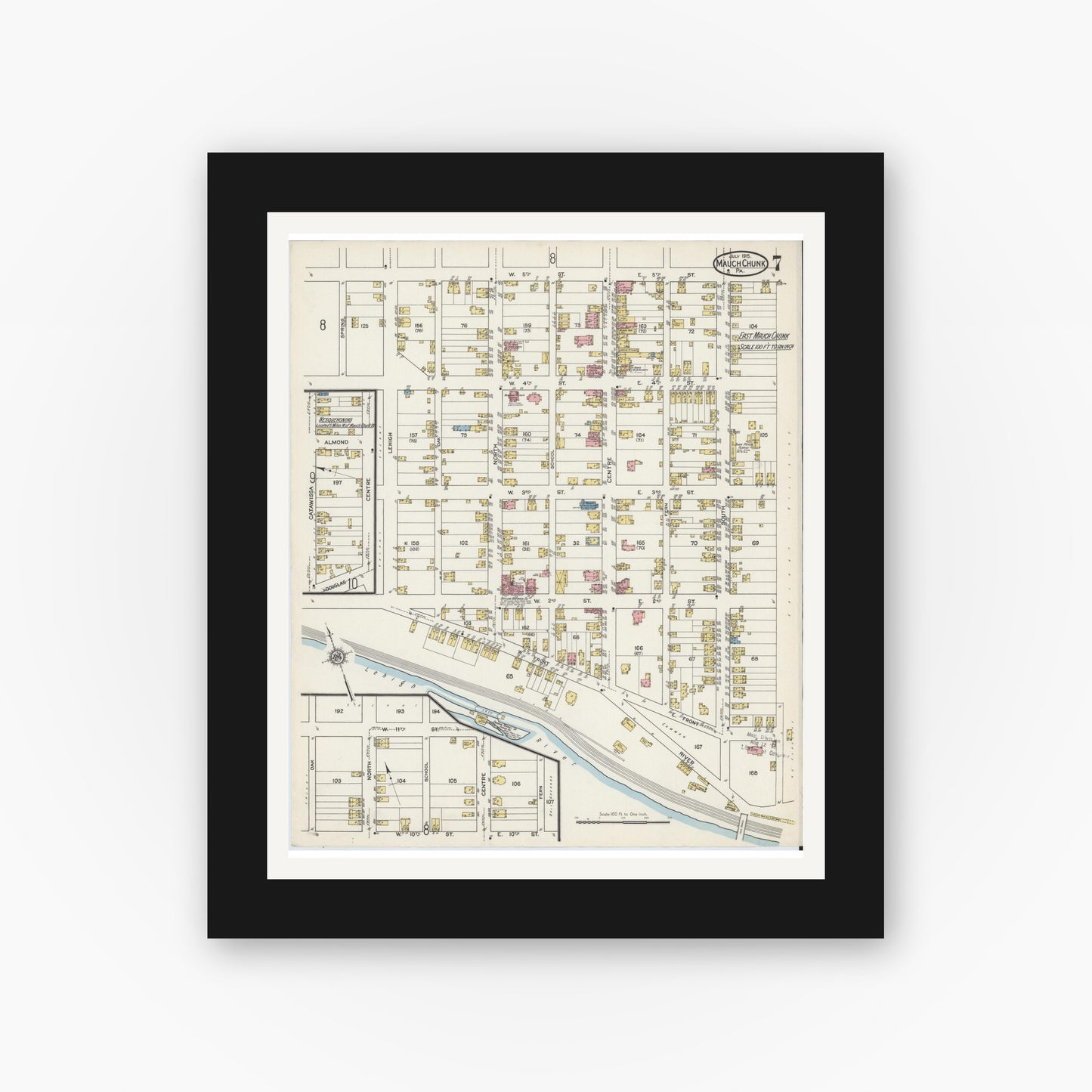 Old map wall art mockup — black gallery frame with white mat — Sanborn Fire Insurance Map from Mauch Chunk, Carbon County, Pennsylvania (1915), Sheet #0007