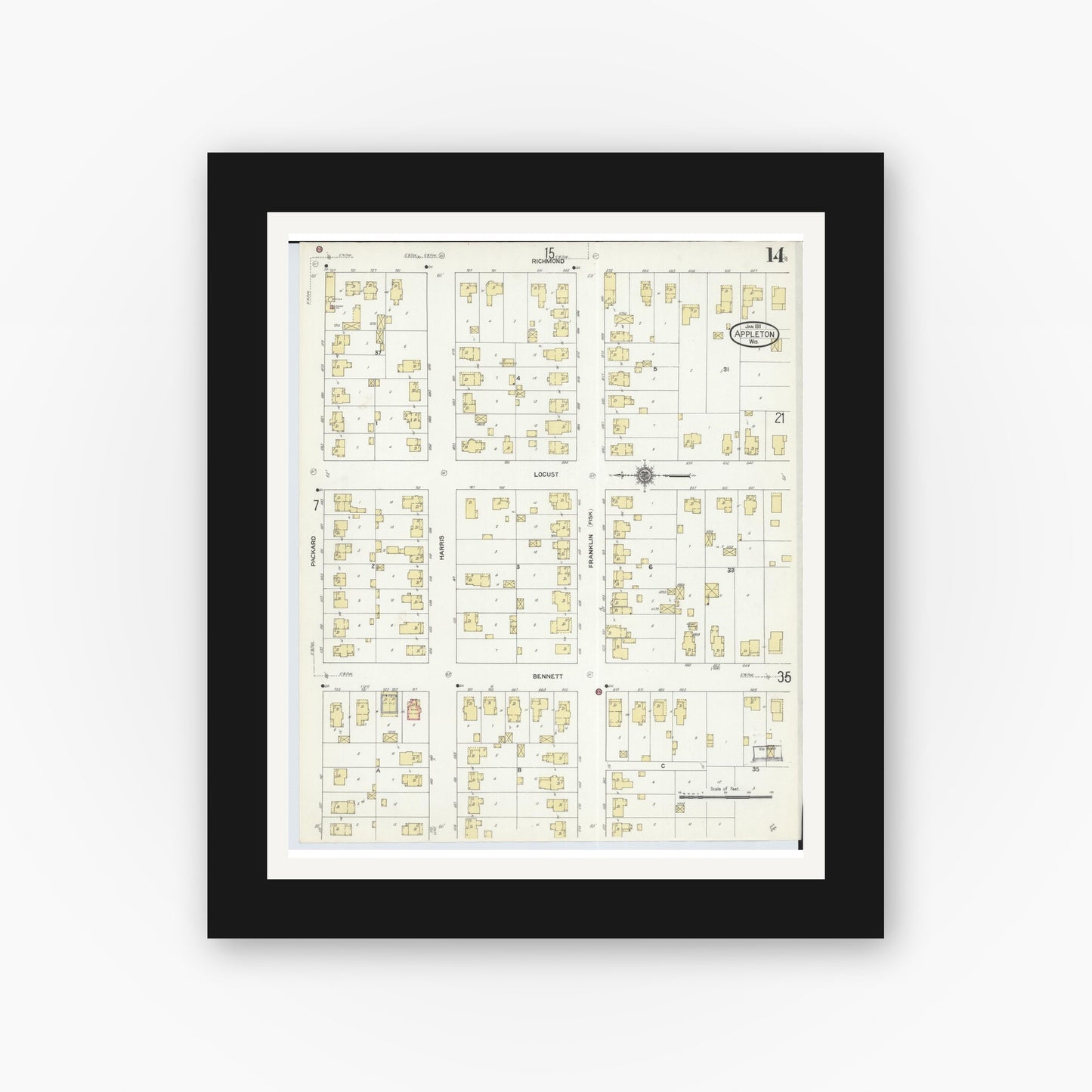 Old map wall art mockup — black gallery frame with white mat — Sanborn Fire Insurance Map from Appleton, Outagamie County, Wisconsin (1911), Sheet #0014